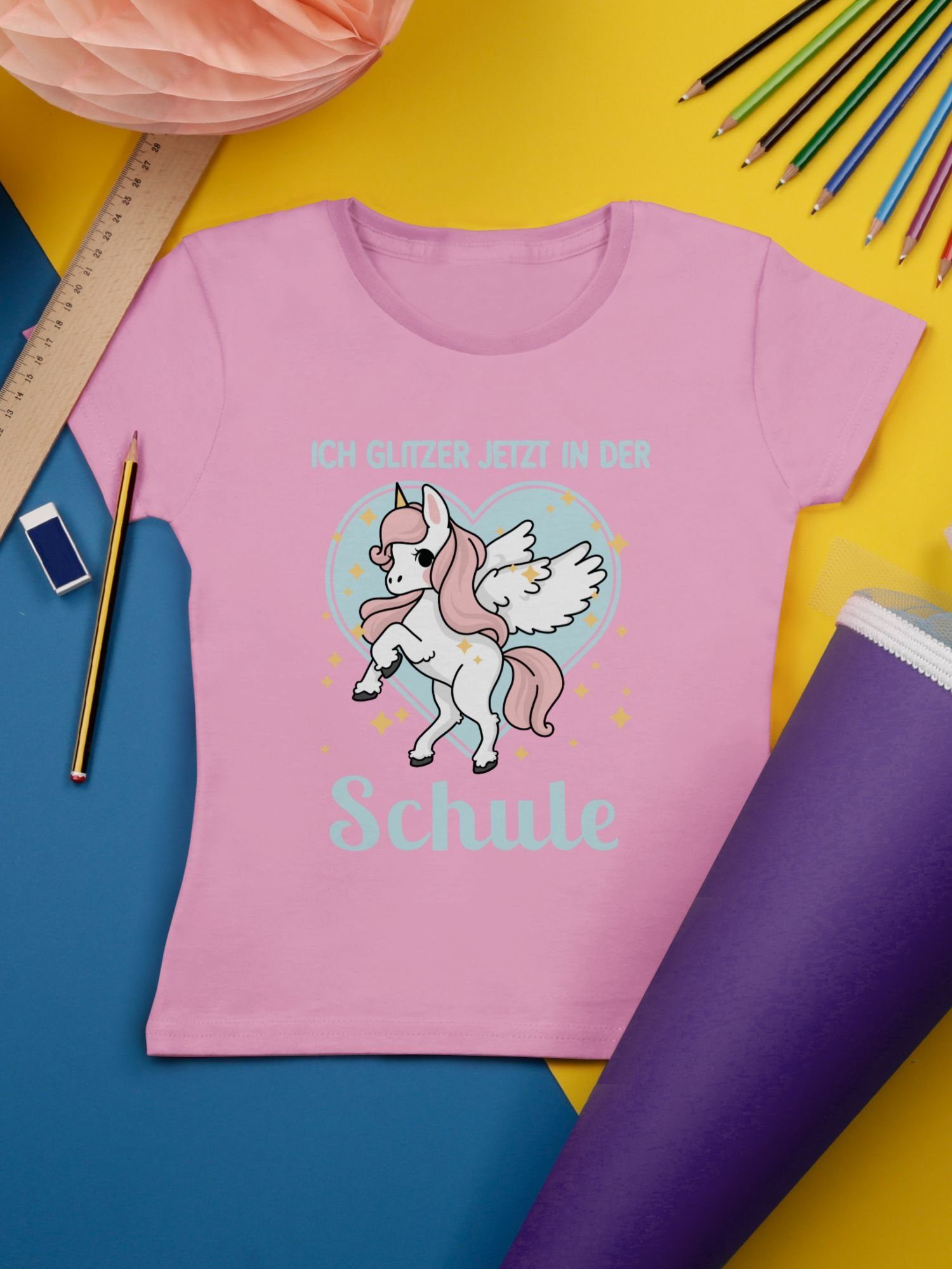 mit Herz 2 - Shirtracer Einhorn jetzt Einschulung der Glitzer T-Shirt Mädchen Ich Schule in Rosa