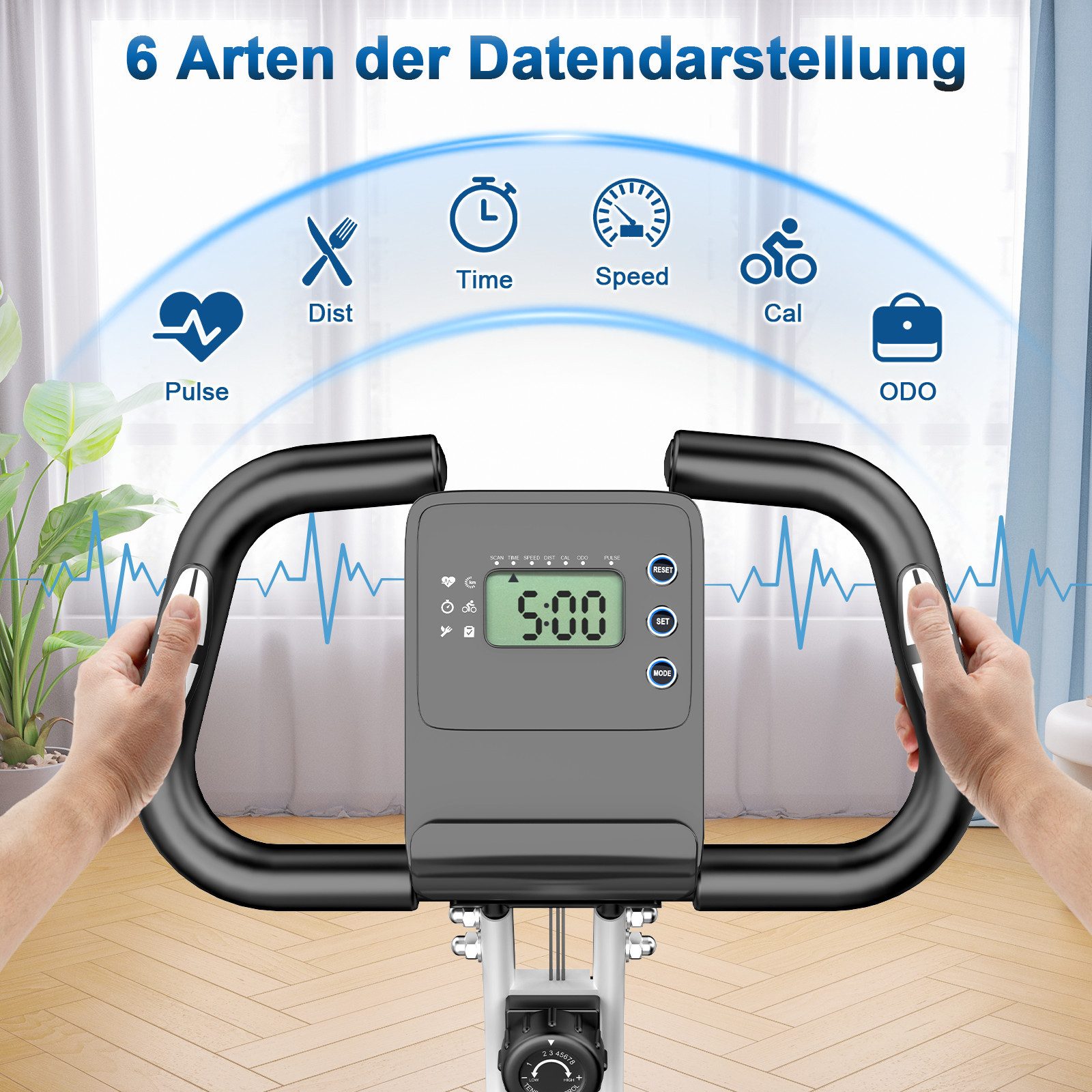 Gywowken Heimtrainer Fahrrad Klappbar für Zuhause, 4-in-1 faltbarer Heimtrainer (LCD-Display, Handpulssensoren, Integrierte Transporträder), mit 8 Stufen verstellbarem Magnetwiderstand, klappbarer Heimtrainer