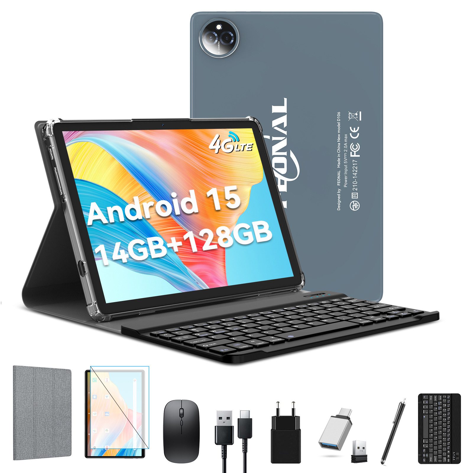 FEONAL 2-in-1-Tablet, 14GB RAM + 128GB ROM (Erweiterbar auf 1TB) Tablet (10.1", 128 GB, Android 15, Dual-4G-Mobilfunk, Bluetooth 5.0, Tablet Pcs mit Tastatur, Maus und Stift, 8MP + 13MP)