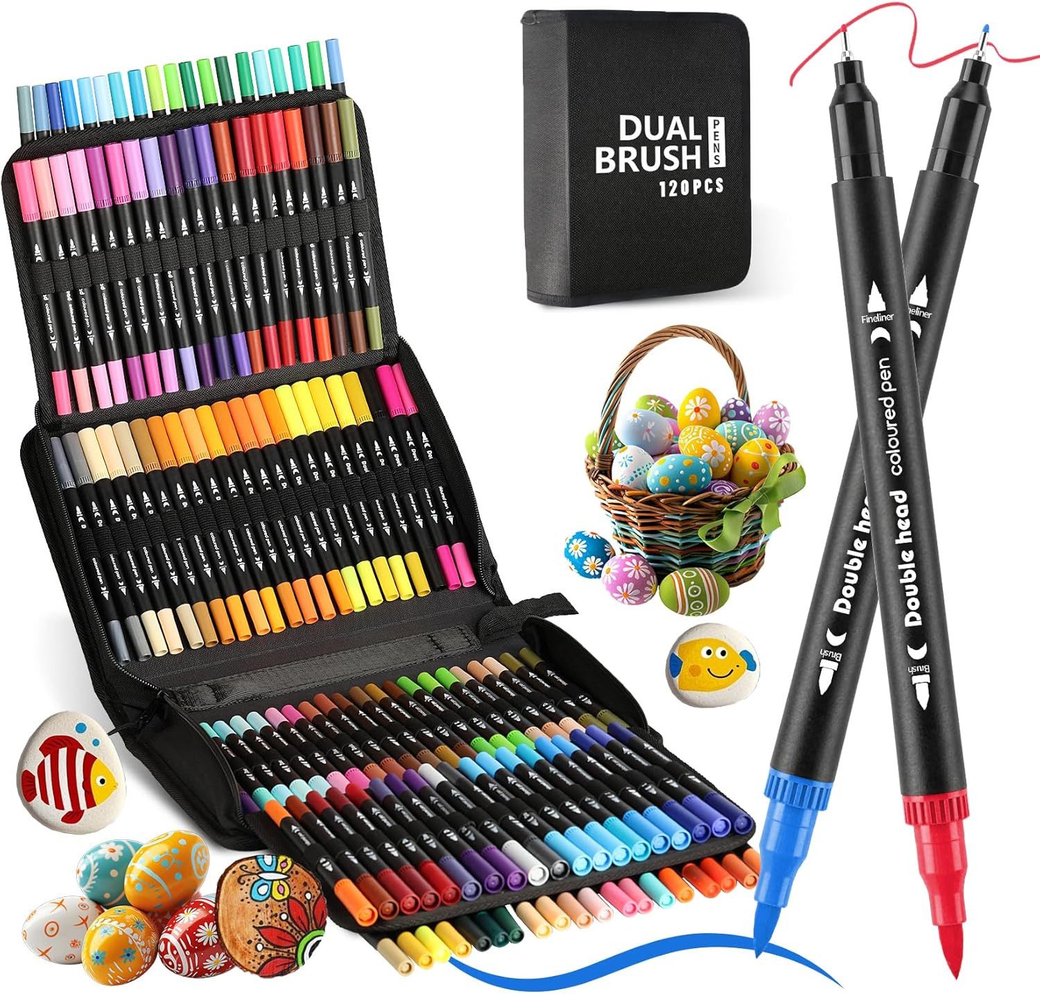 MOPUEA Filzstift Wasserfarbenstifte Acrylmalstifte Brush Pens Doppelspitzen- Lackmarker, (Set, 120-tlg., Pinselstifte Permanentmarker Filzstift, Handlettering), Doppeltipp-Stifte mit Aufbewahrungstasche