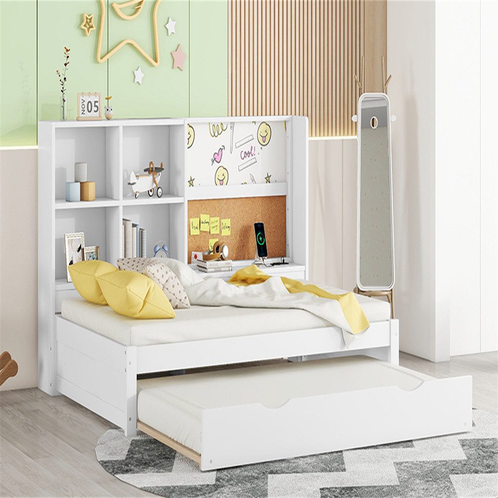 XDeer Jugendbett 90*200cm Schlafsofa mit ausziehbarem Bett, usb-Ladeanschluss, Zeichenbrett, mehrere Staufächer, Weiß