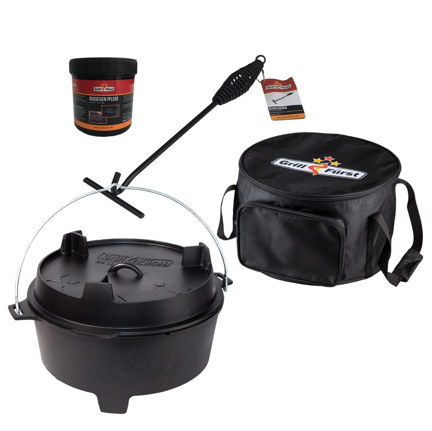 Grillfürst Bratentopf Grillfürst Dutch Oven BBQ Edition DO12 - X-DEAL inkl. Tragetasche, Gusseisen Pflege und Deckelheber