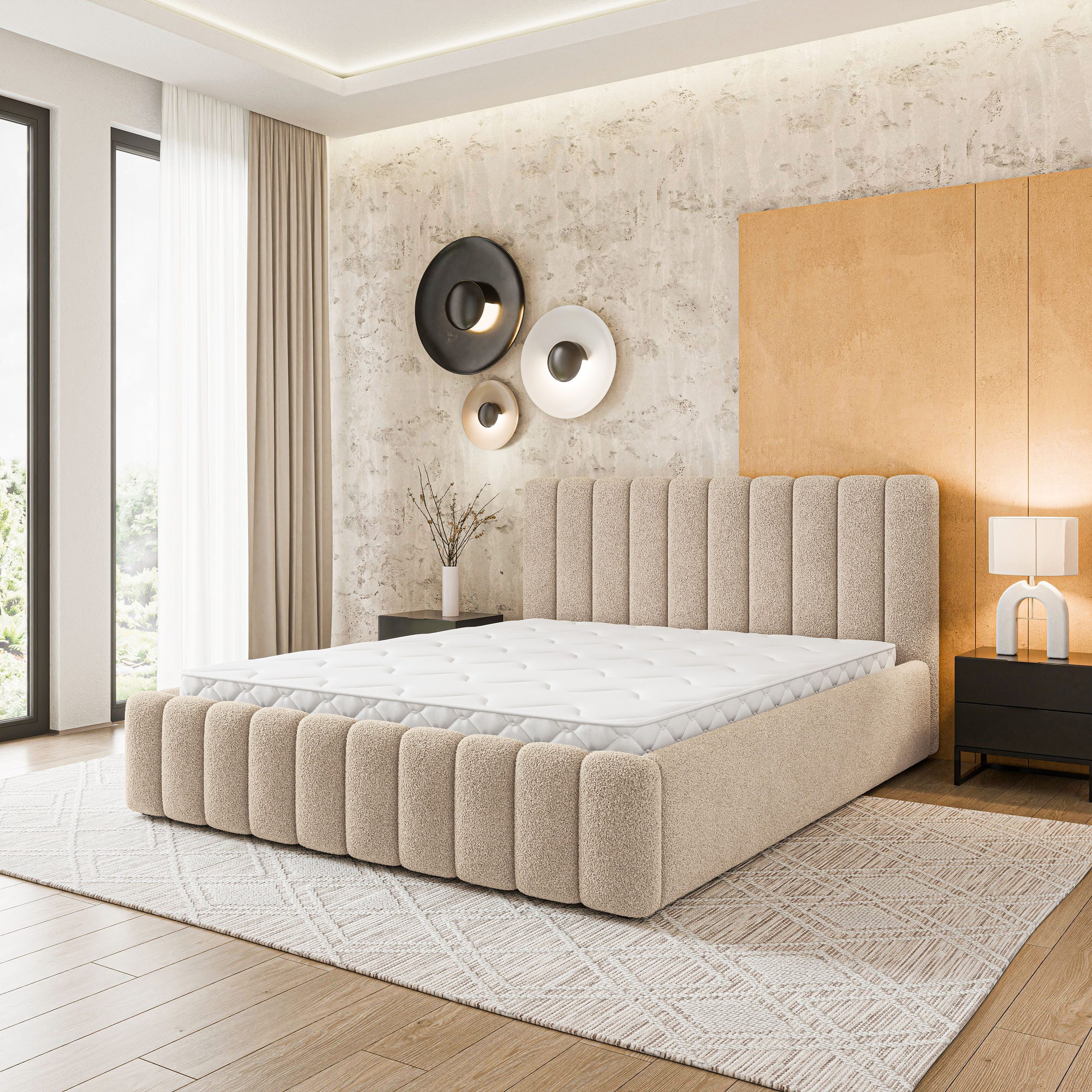 Masseno Polsterbett DINESE 120x200 cm beige (mit Bettkasten und Lattenrost)