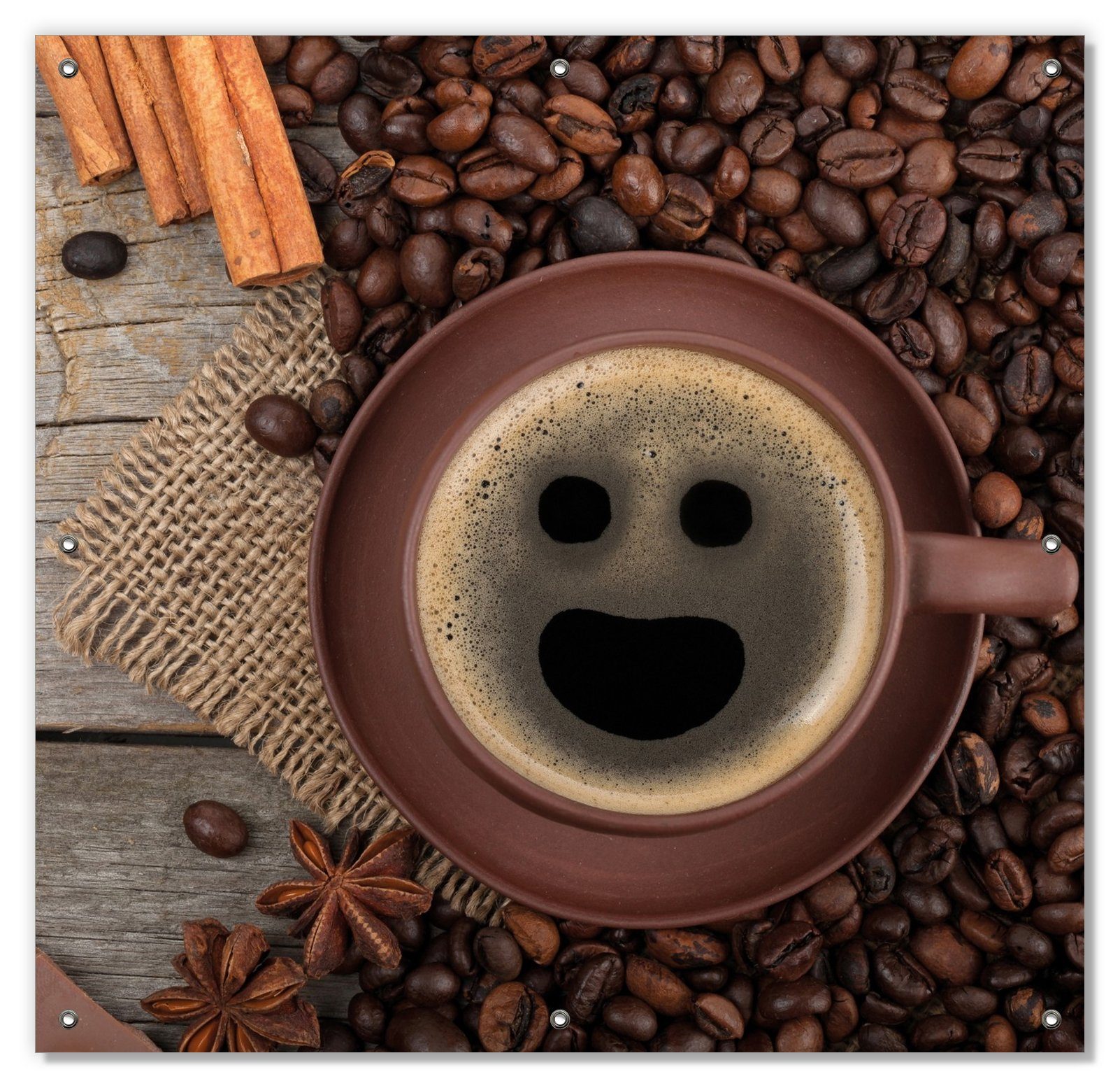 Sonnenschutz Lustige Kaffeetasse mit einem Lächeln - Kaffeebohnen und Zimt, Wallario, blickdicht, mit Saugnäpfen, wiederablösbar und wiederverwendbar
