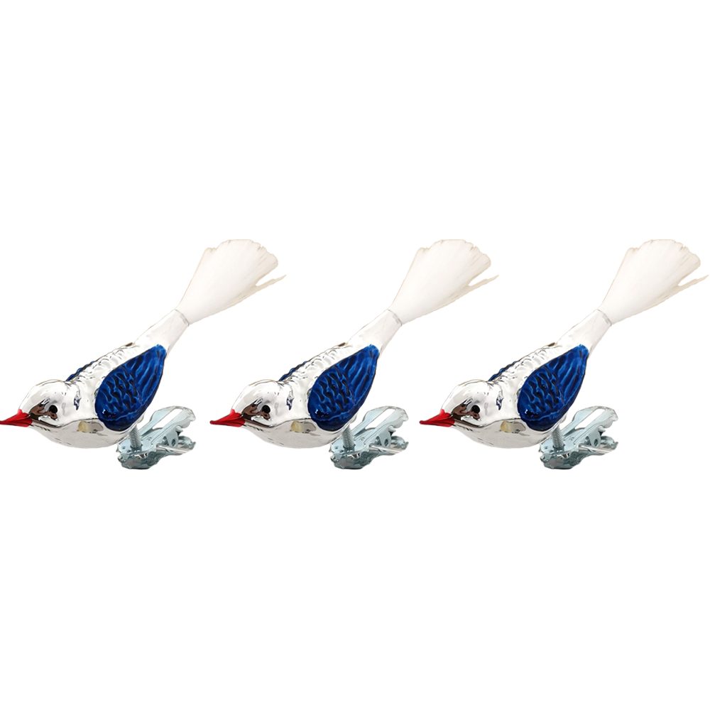 silber/blau Glasvogel-Set, handbemalt Clip Schatzhauser auf (3-tlg), Vogel mundgeblasen, Christbaumschmuck