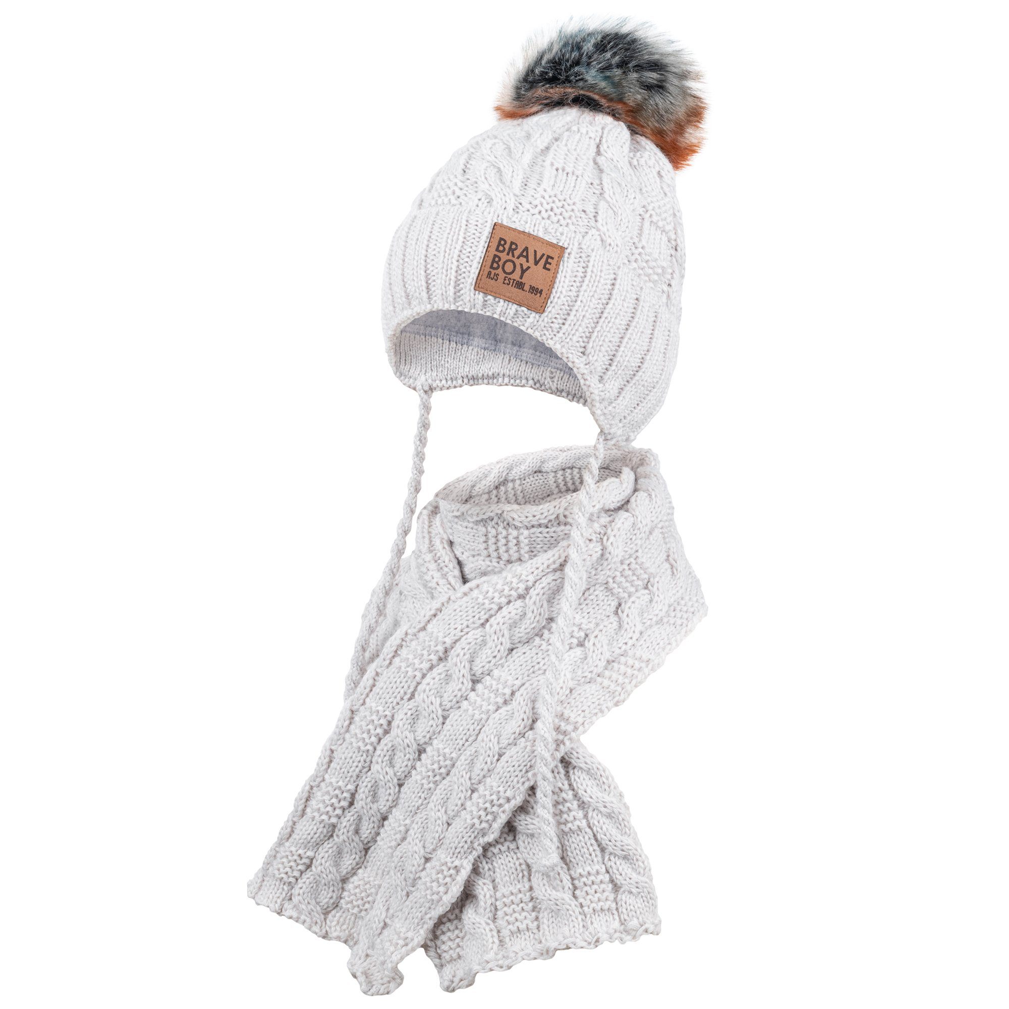 AJS Mütze & Schal Strickmütze Wintermütze Schal Winterset Bommel Bindemütze mit praktischen Bindebändern mehr