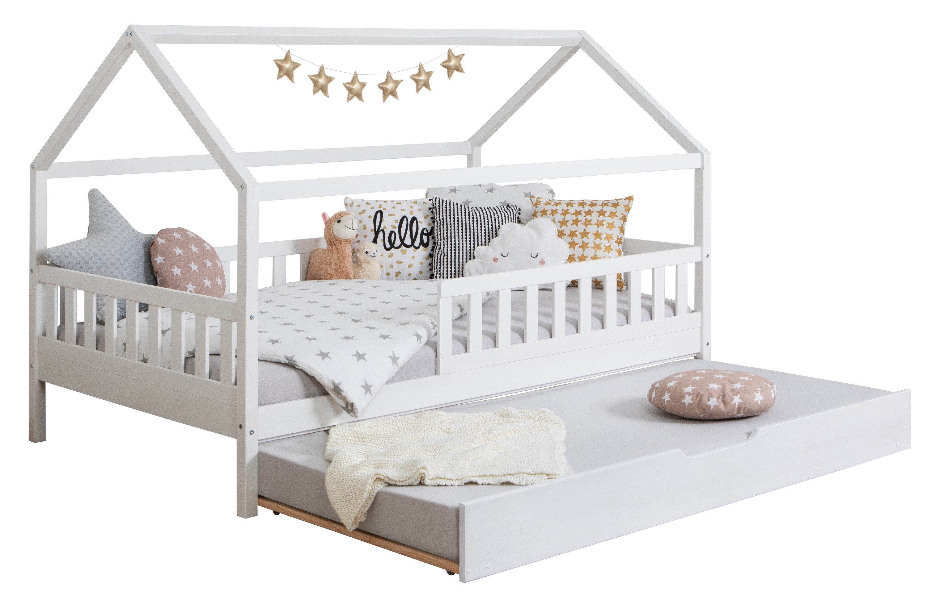 Ticaa Hausbett Kay mit Rausfallschutz und Zusatzbett aus Kiefer, Kinderbett 90x200, inkl. Dach, mit Rollrost