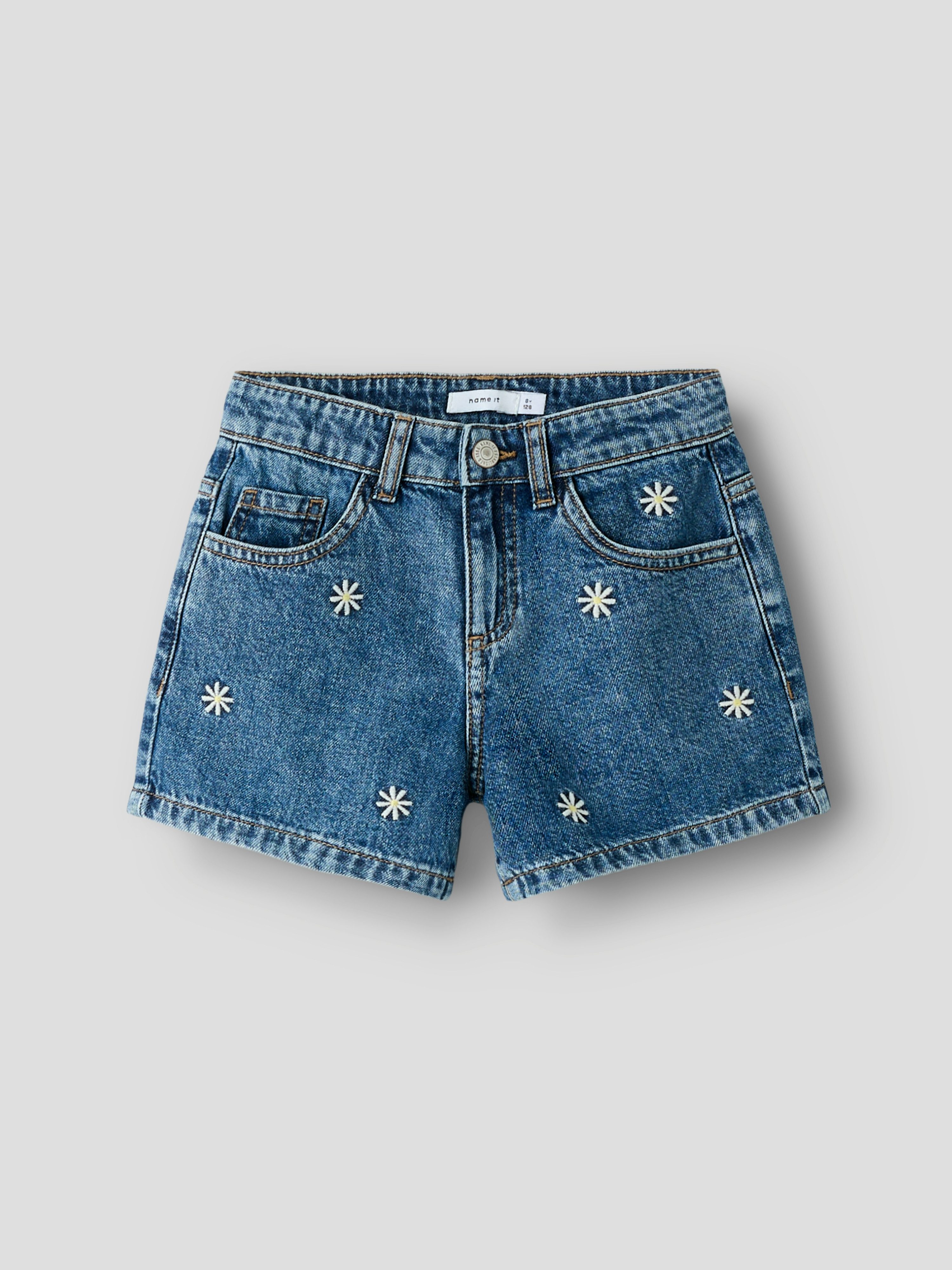 Name It Jeansshorts NKFBELLA REG DNM SHORTS 3674-BE NOOS Baumwolle, verstellbarer Bund, bestickte Details