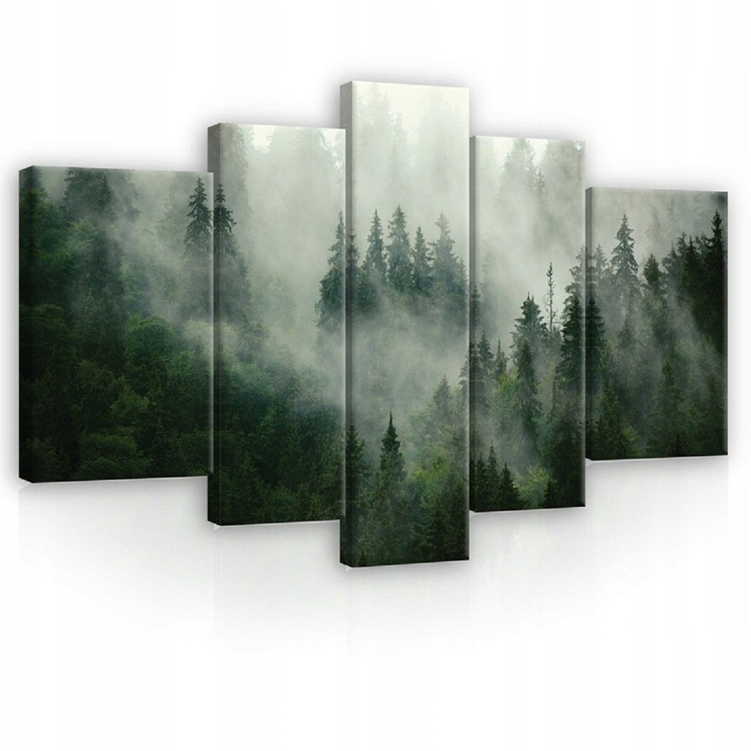 Wallarena Leinwandbild Wald im Nebel Natur Landschaft Wandbild 170x100 cm Groß SET XXL Wandbilder Leinwandbilder Modern Canvas Kunstdruck Bild Auf Leinwand Bilder für Wohnzimmer Schlafzimmer, Wald (Set 5 teilig), Aufhängefertig