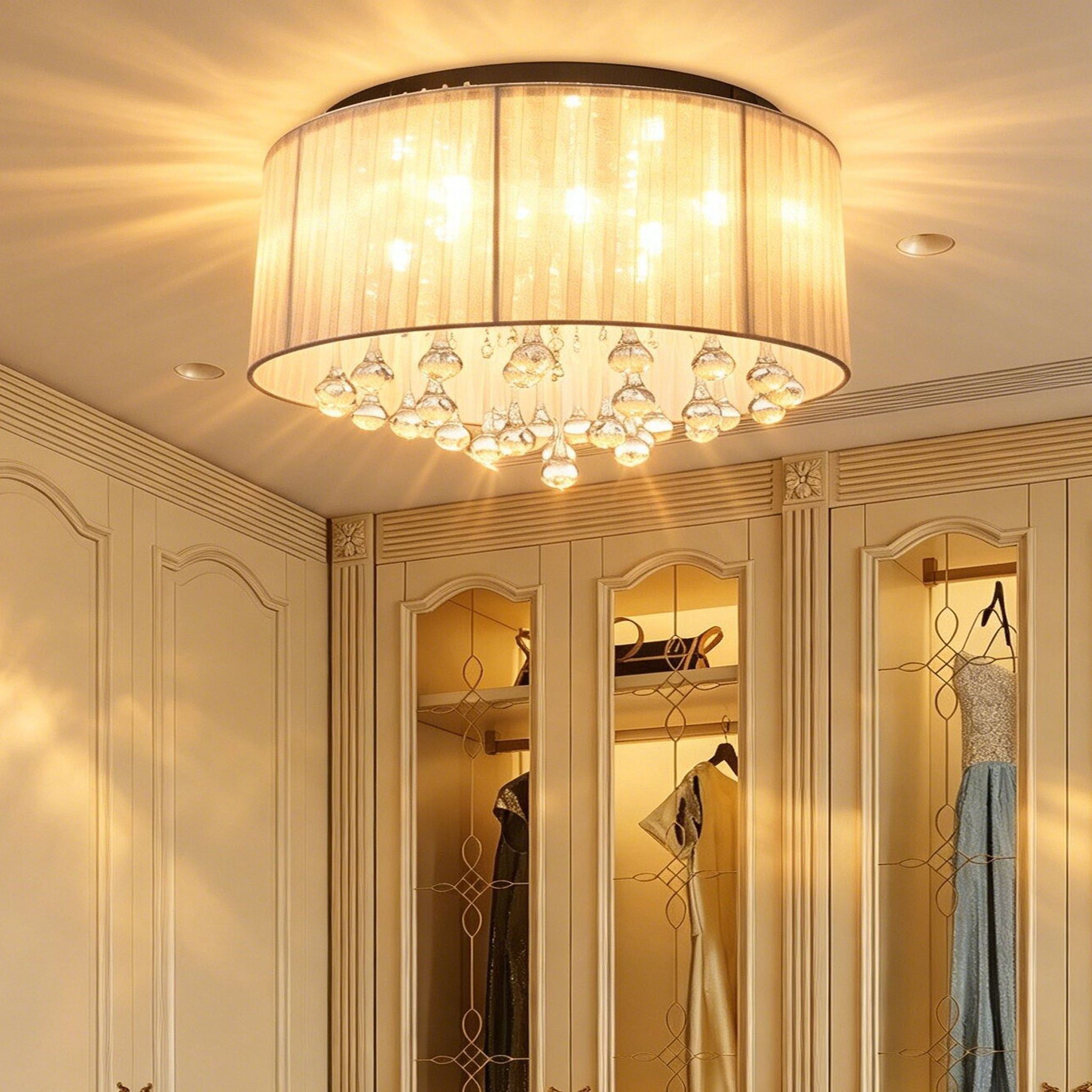 oyajia LED Deckenleuchte 48W Kristall Deckenleuchte, G9 Pendelleuchte mit Rundem Gaze-Schirm, ohne Leuchtmittel, kaltweiß, warmweiß, neutralweiß, Lampenschirm aus Organza, G9-Fassung, 8-flammige Deckenleuchte 40x20cm