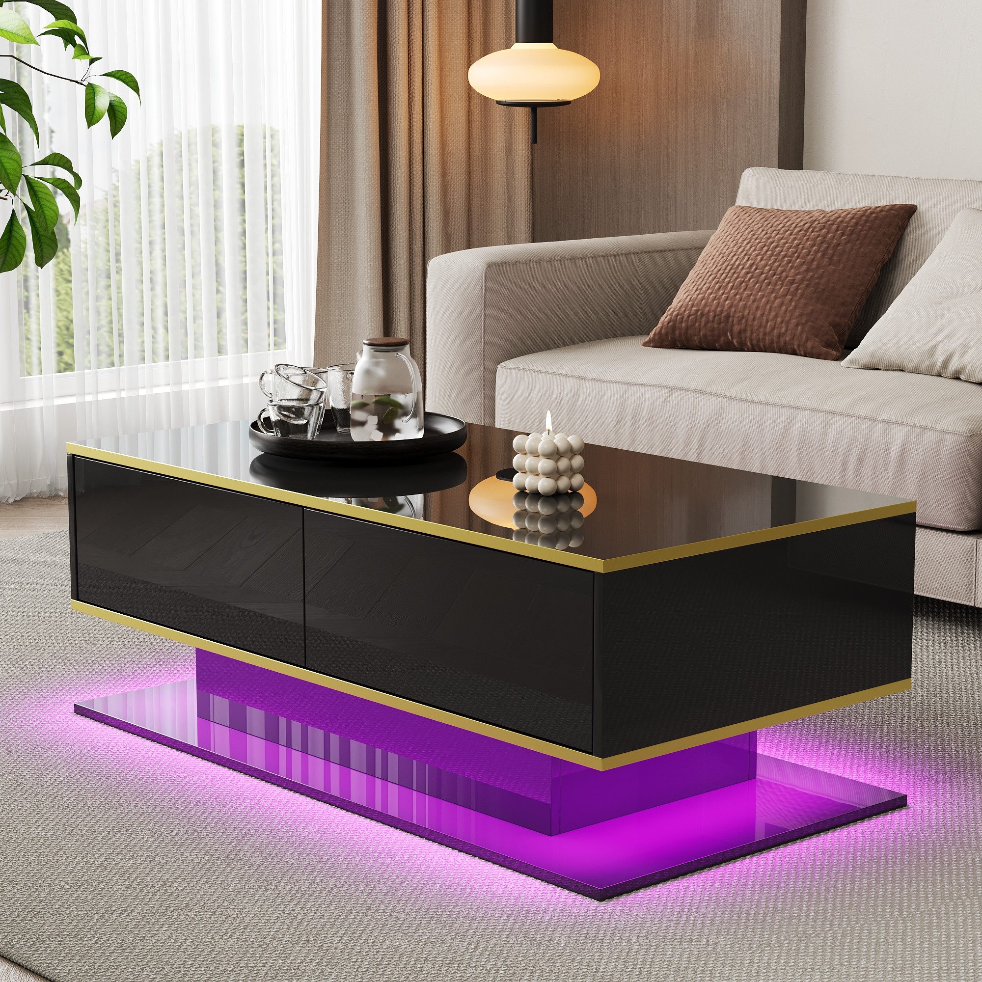 Merax Couchtisch hochglanz Sofatisch Beistelltisch mit LED-Beleuchtung (1-St), Wohnzimmertisch mit 3 Schubladen, Stauraum & Goldakzenten, 100x50x40cm