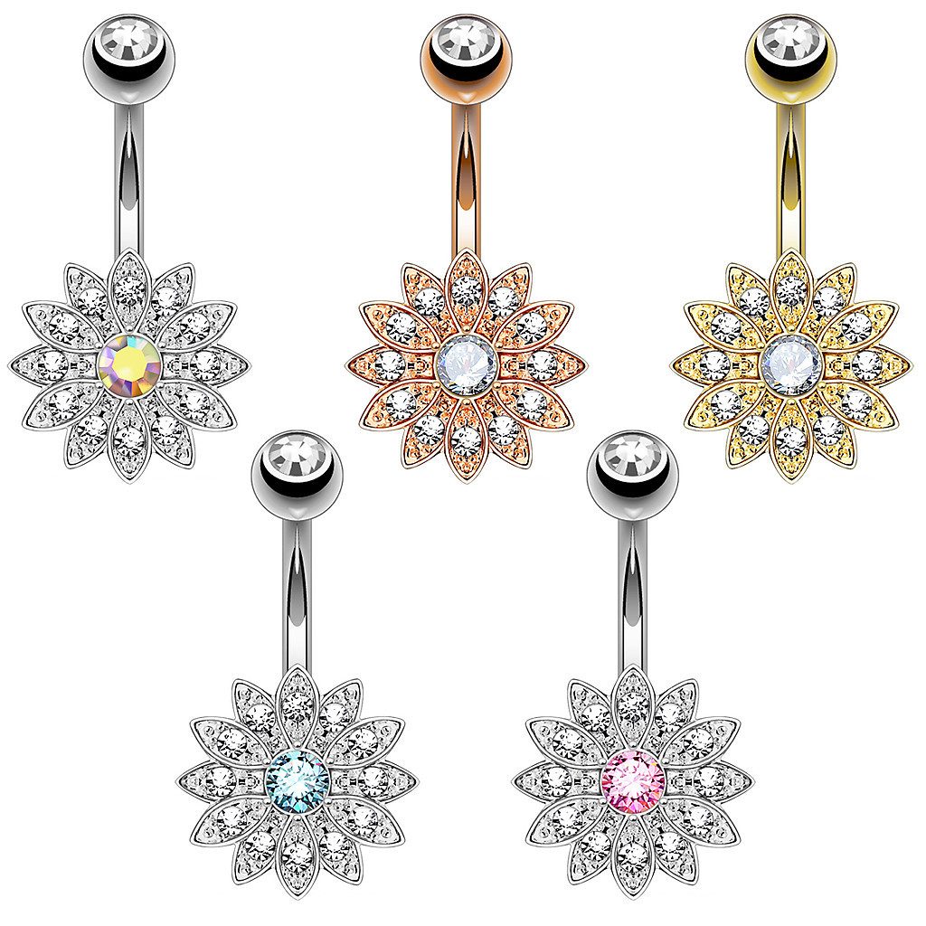 Taffstyle Bauchnabelpiercing Banane Piercing Bauchpiercing Chirurgenstahl Kristall Blume (Eleganter Blütenanhänger mit Zirkonia Kristallen und Kugelverschluss)