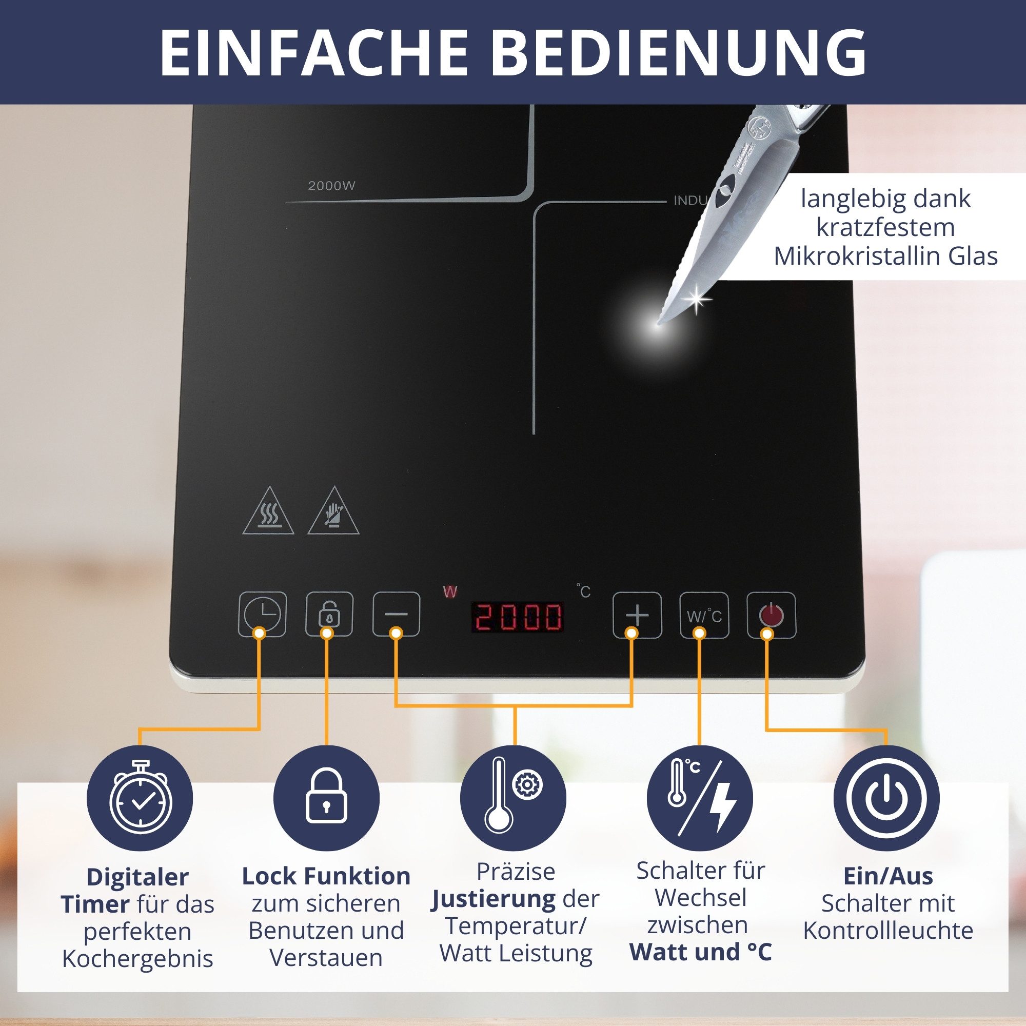 Sommertal Einzel-Induktionskochplatte Sommertal Induktionskochfeld 1 Platte 2000W Tragbar Super-Slim Design, mit 4h Timer, Touch, Kindersicherung, Profi Induktionskochplatte