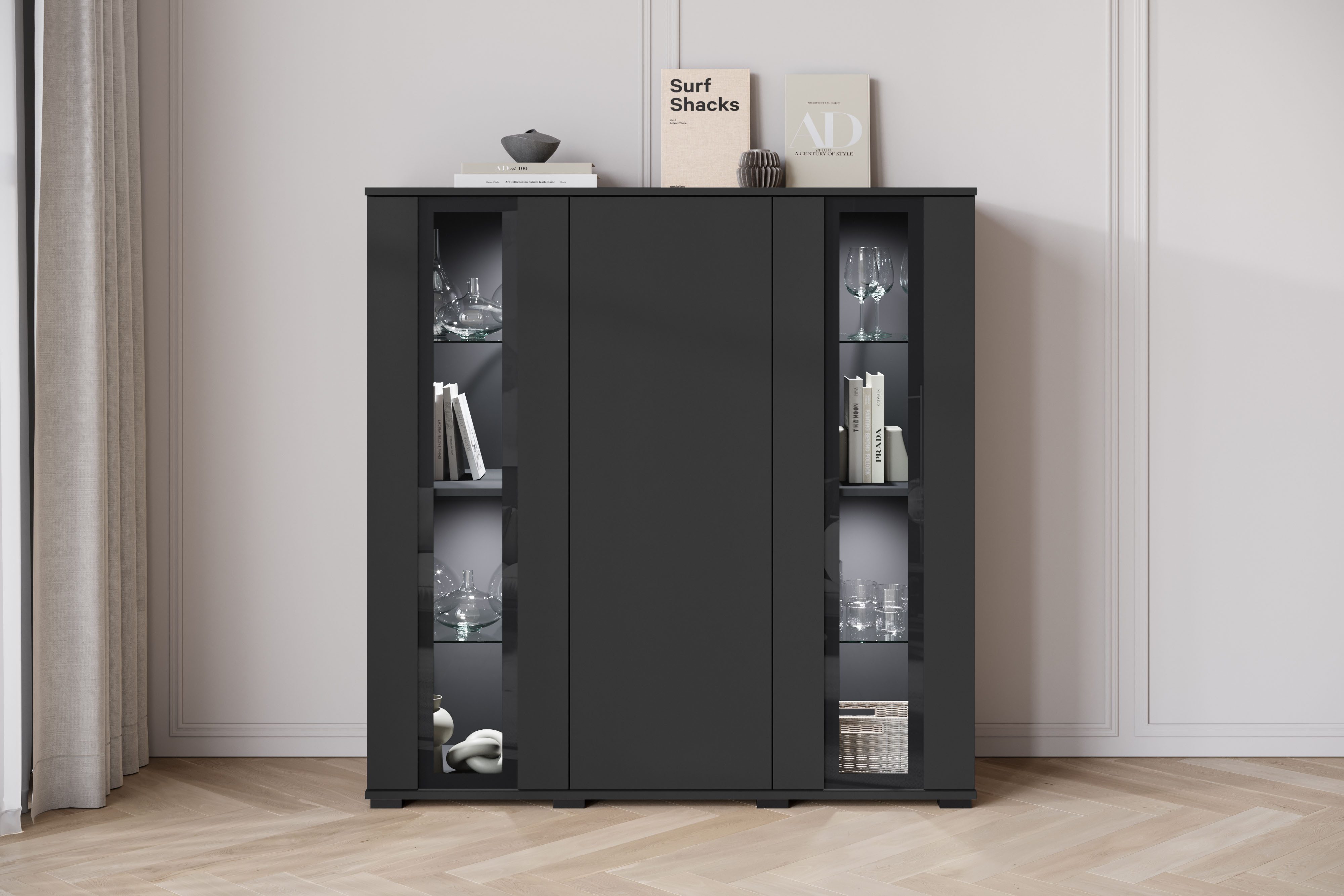 Home affaire Highboard Caro, modernes Design mit Glaseinsätzen, Breite 120 cm (1 St), grifflose Fronten mit Push-to-Open, höhenverstellbare Einlegeböden