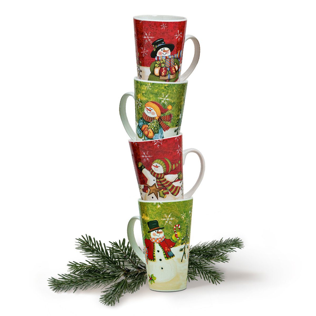 matches21 HOME & HOBBY Tasse Grosse XXL Weihnachtstassen 4er Set Schneemänner amerikanisch, Keramik, Tee Kaffee-Becher, modern Vintage, rot grün bunt, 500 ml