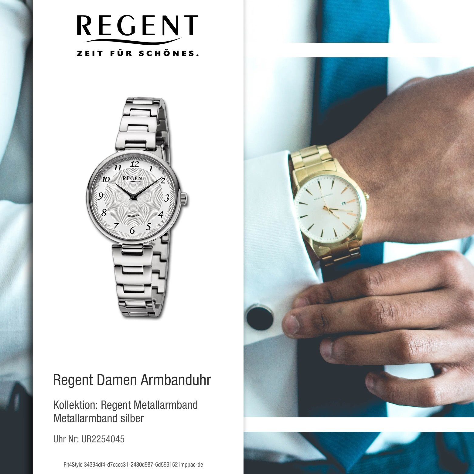 Metallarmband Regent Quarzuhr groß rund, Damen (ca. Analog, Regent Armbanduhr Armbanduhr Damen extra 34mm),