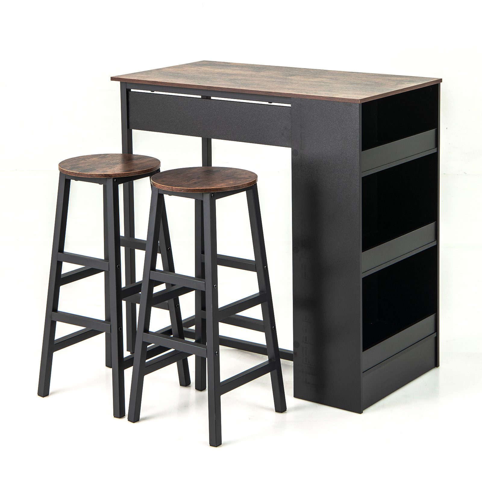 COSTWAY Bartisch (3-St), mit 2 Barhocker Set, 2 Personen, mit Stauraum