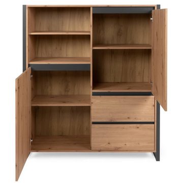 Homestyle4u Kommode Highboard Kommode mit Schubladen Sideboard Schwarz Holz Natur Wohnzimm (Kein Set)