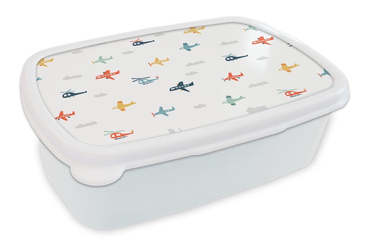 MuchoWow Lunchbox Schnittmuster - Hubschrauber - Flugzeug - Jungen - Kinder - Kinder, Kunststoff, (2-tlg), Brotbox für Kinder und Erwachsene, Brotdose, für Jungs und Mädchen weiß