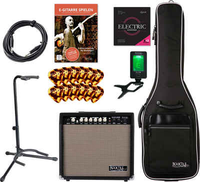 Rocktile E-Gitarre - 8-teiliges Starter Set für E-Gitarre, komplette Ausrüstung im Spar-Set, mit Gitarrencombo, Gigbag, Stimmgerät, Ständer, Plektren und Kabel