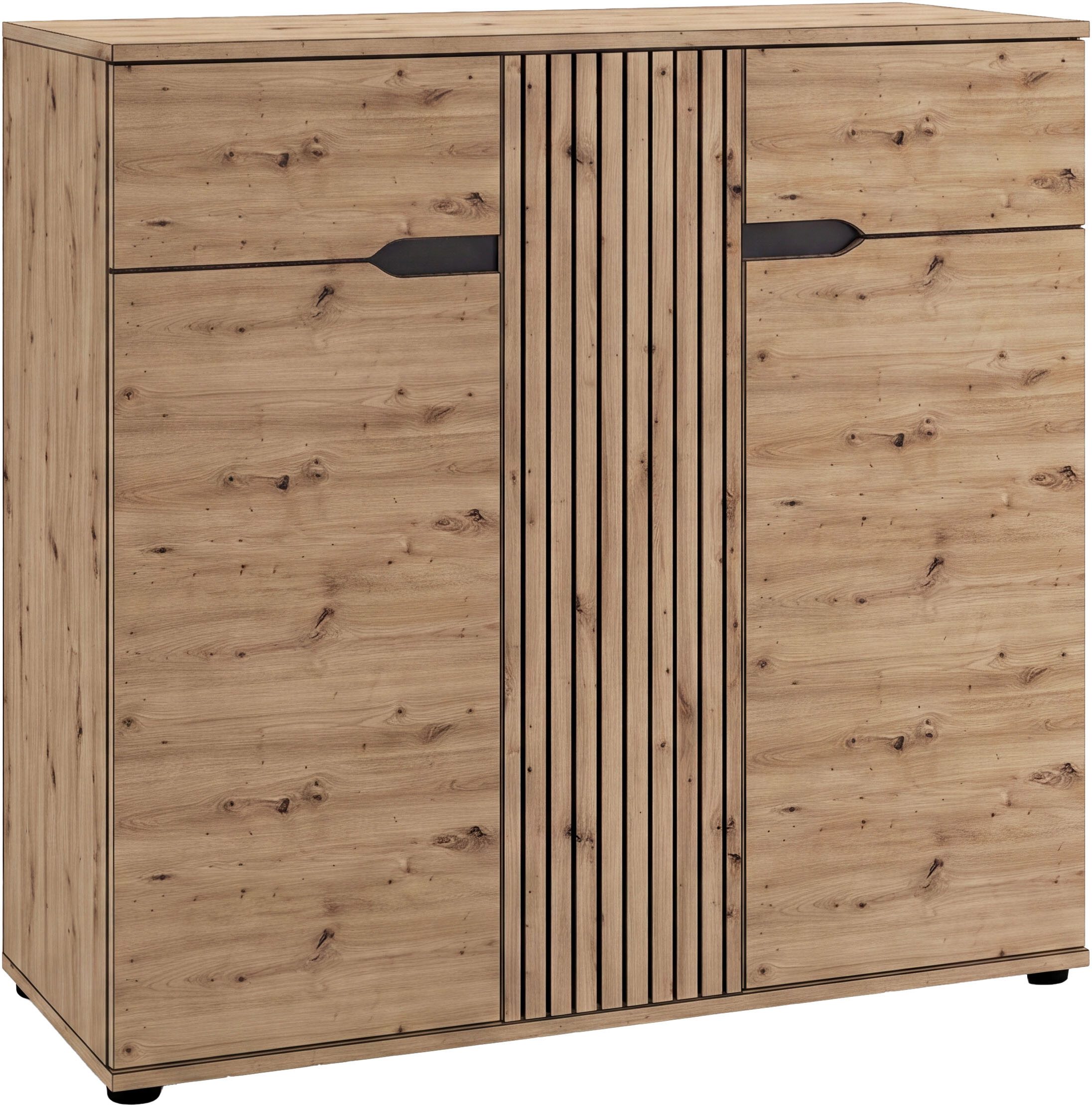 OTTO home Schuhkommode FJELL, Breite 104cm, 3 Türen, 2 Schubkästen, 6 Einlegeböden, 9 Fächer (hochwertig verarbeitete Längsfräsung, praktische Griffaussparung), Garderobenschrank, Schuhschrank, Kommode, Sideboard, Anrichte