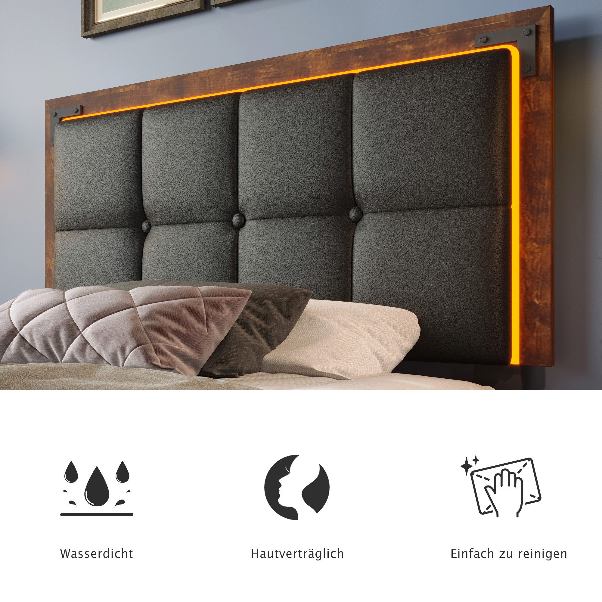 Luckice Upholstered Bed Frame with LED Lighting Strip and 4 Drawers (Single Bed Upholstered Bed 90x200cm, Height-Adjustable Headboard, Functional Bed), PU Black