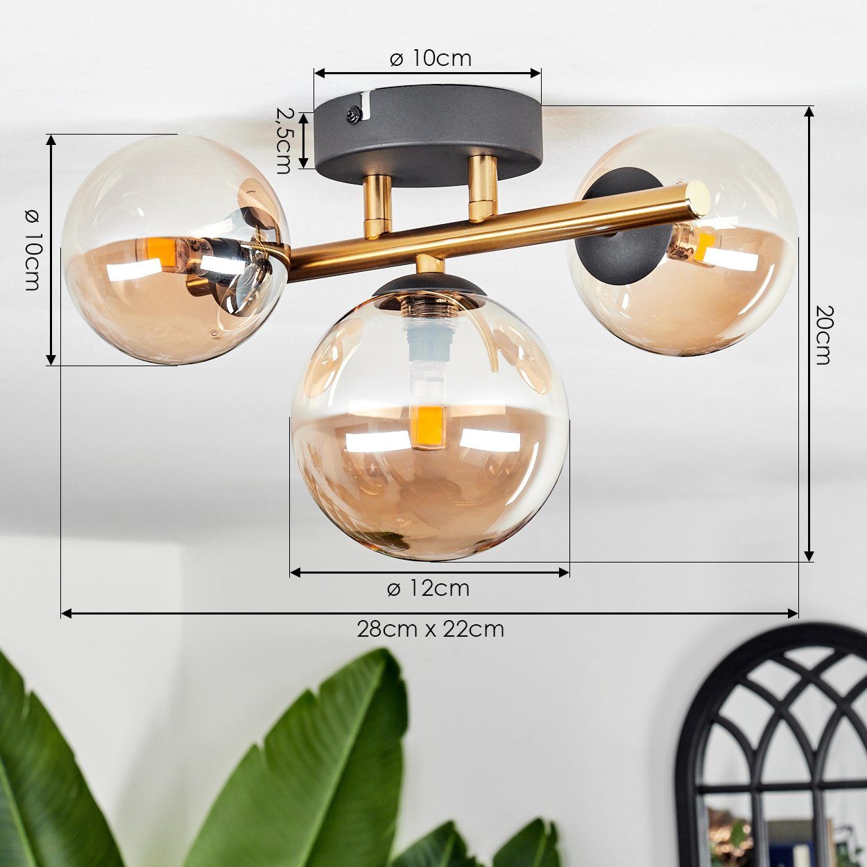 hofstein Deckenleuchte Deckenlampe aus Metall/Glas in Schwarz/Goldfarben/Bernsteinfarben, ohne Leuchtmittel, Leuchte im Retro-Design aus Glas, 3 x G9 LED, ohne  – Bild 4 von 5