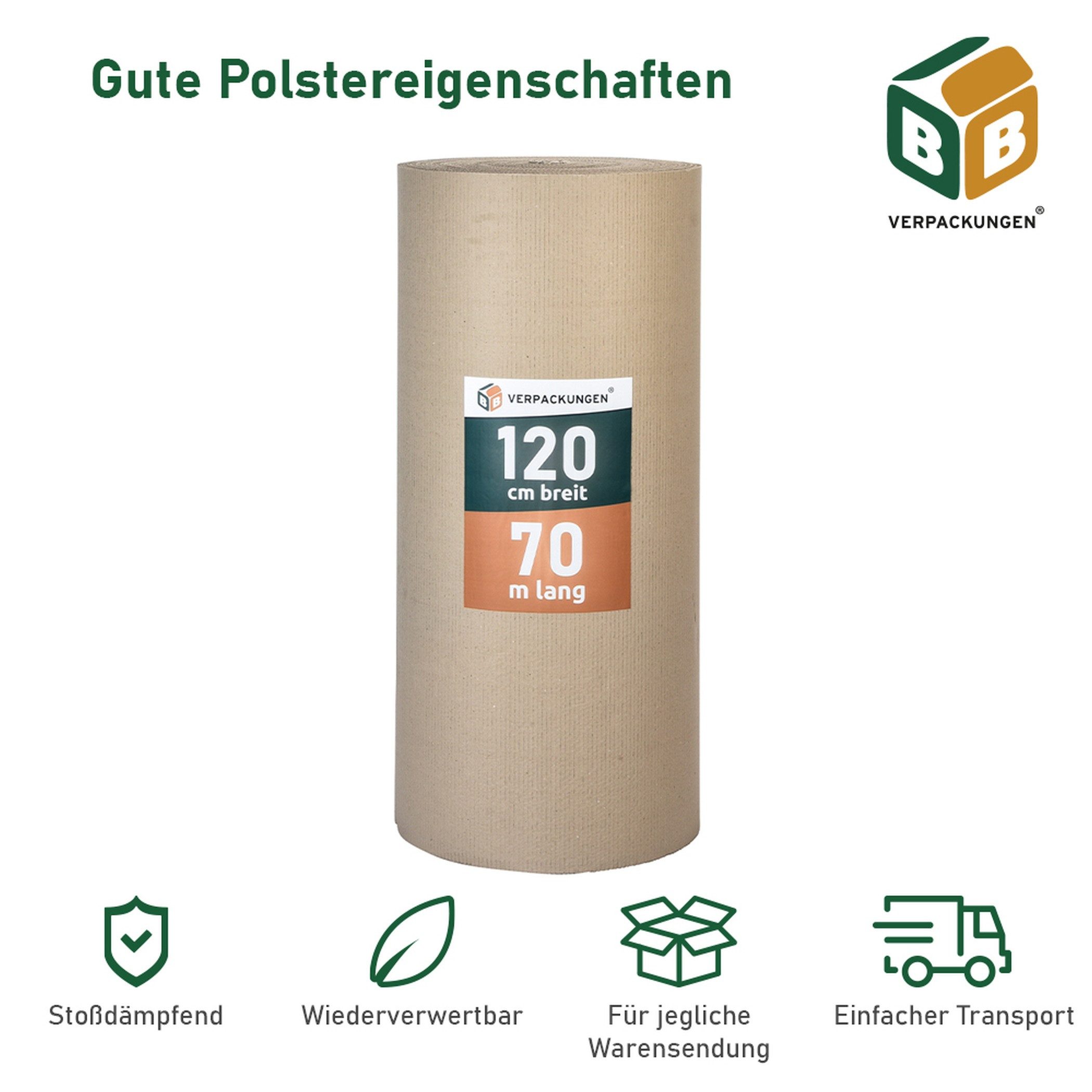BB-Verpackungen Packpapier Rollenwellpappe 84 m², (1St), Braun, 1,2 m x 70 m, 75 g/m²