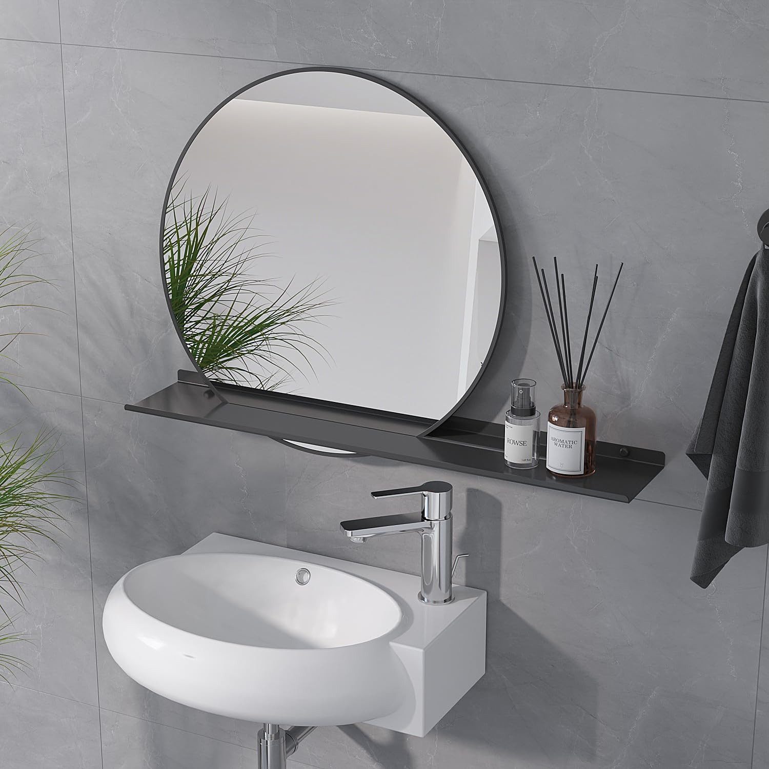 AQUALAVOS Badspiegel Runder Badspiegel 50 cm Deko Wandspiegel mit Ablage Schwarz Rahmen, Praktisch und stilvoll – für Flur, Bad, Waschtisch oder Schlafzimmer
