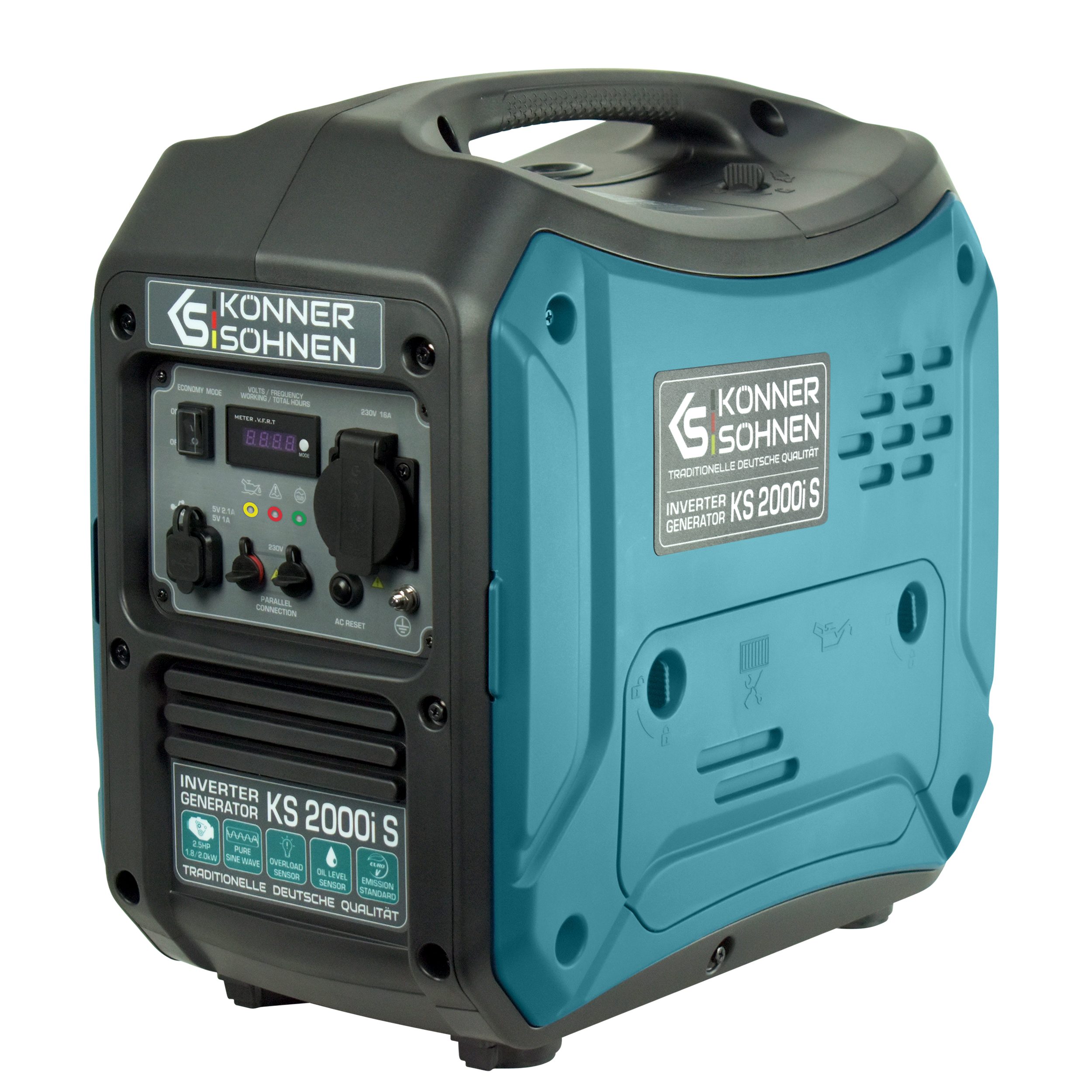 Könner & Söhnen Stromerzeuger KS 2000i S, 2,00 in kW, (Invertergenerator. Schalldichtes Gehäuse (62 dB Lpa 7 m), 1-tlg., Schuko 230V, 2 x USB-Anschluss, LED-Anzeige, ECO-Modus), Kurzschluss- und Überlastschutz, EURO V