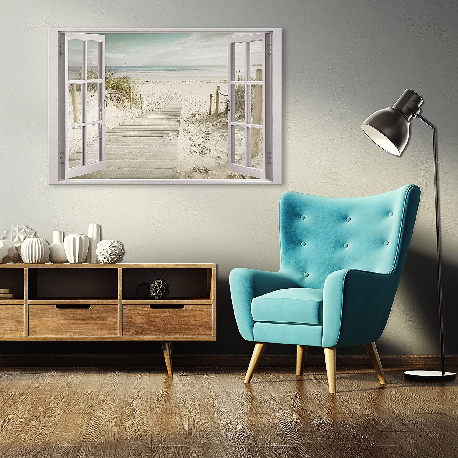 Bild Wandbilder Kunstdruck Auf Natur (Einteilig), Leinwandbild Fensterblick Leinwand Strand Wohnzimmer Aufhängefertig Fenster, Wallarena Bilder Canvas Leinwandbilder für Schlafzimmer, Modern