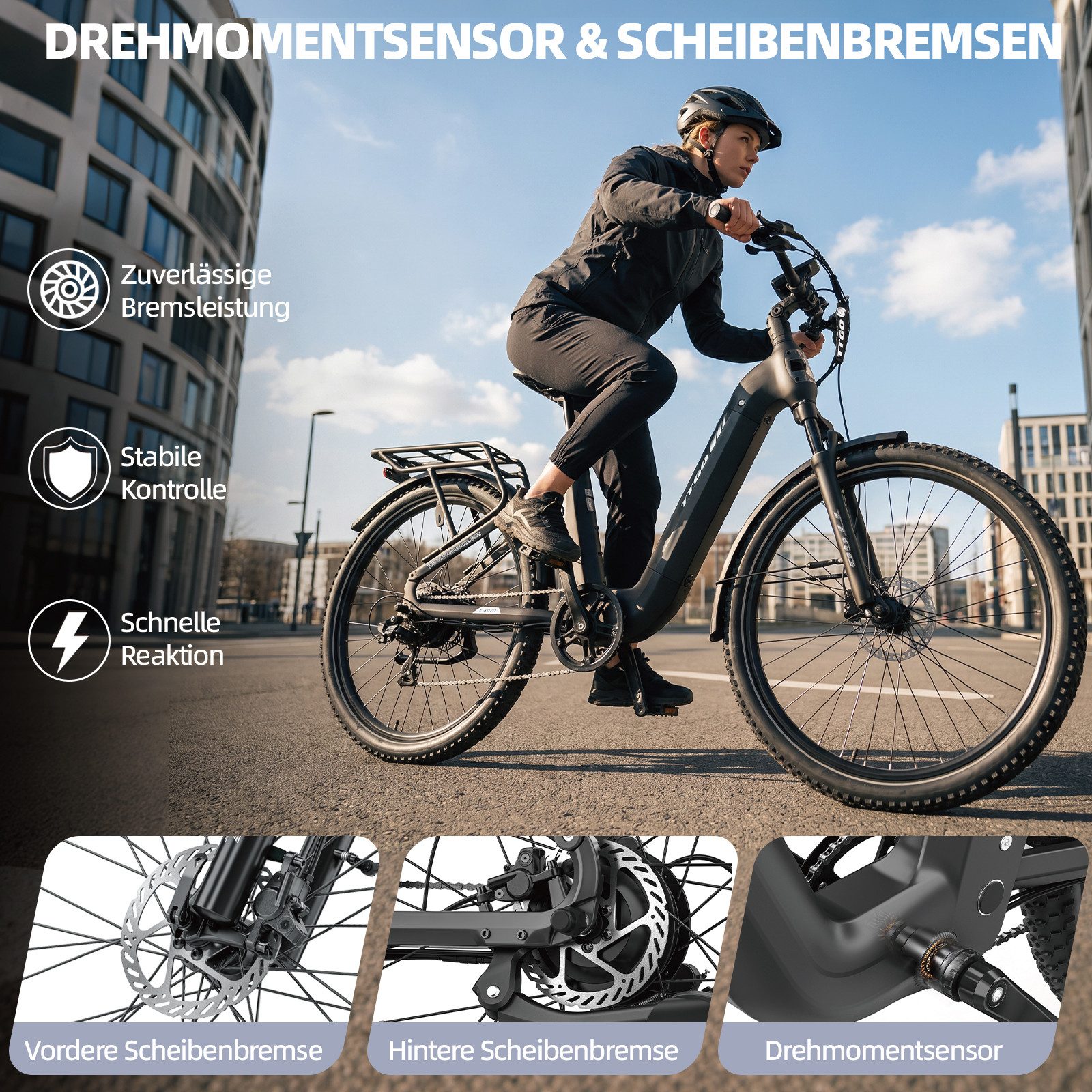 TTGO E-Bike Cityrad 28 Zoll Damen Herren, SUV, Fully, 48V 720Wh bis zu 140km, Bremslicht, 7 Gang Shimano ARDTY300D Schaltwerk, Kettenschaltung, Heckmotor, 720 Wh, (Lockout-Federgabel, Softtail, Farb-LCD-Display, Drehmomentsensor), Vollfederung, Elektrofahrrad mit Tiefeinstieg, Trekkingrad, Pedelec