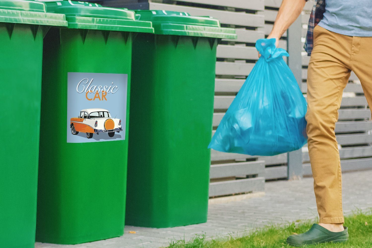 MuchoWow Wandsticker in Mülleimer-aufkleber, eines (1 St), Abfalbehälter Orange amerikanischen Autos Mülltonne, Illustration Container, Sticker