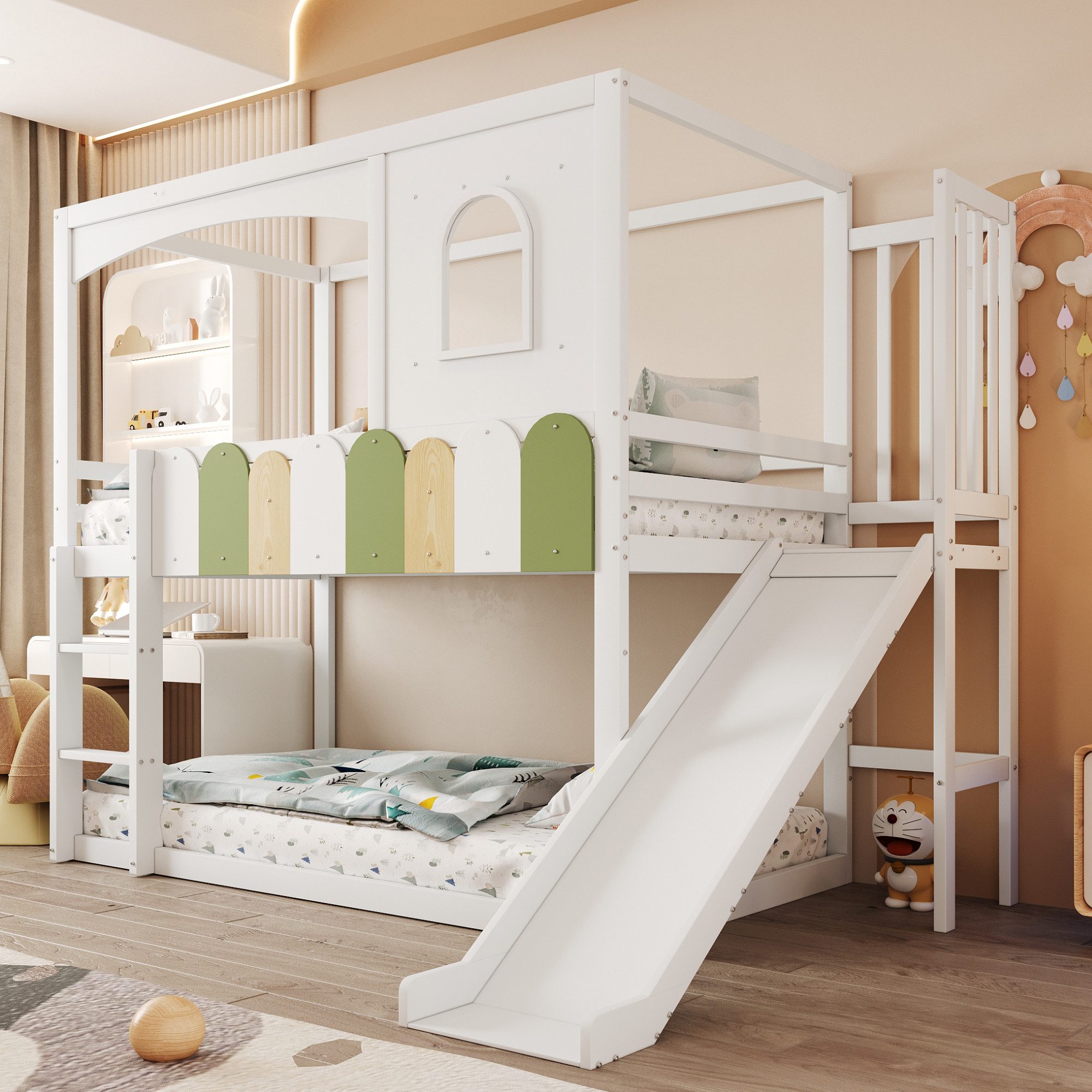 i@home Etagenbett Kinderbett, Hochbett, 90*200, Hausförmiger Rahmen Mit Fenstern, Mit Rutsche und Sicherheitsleiter