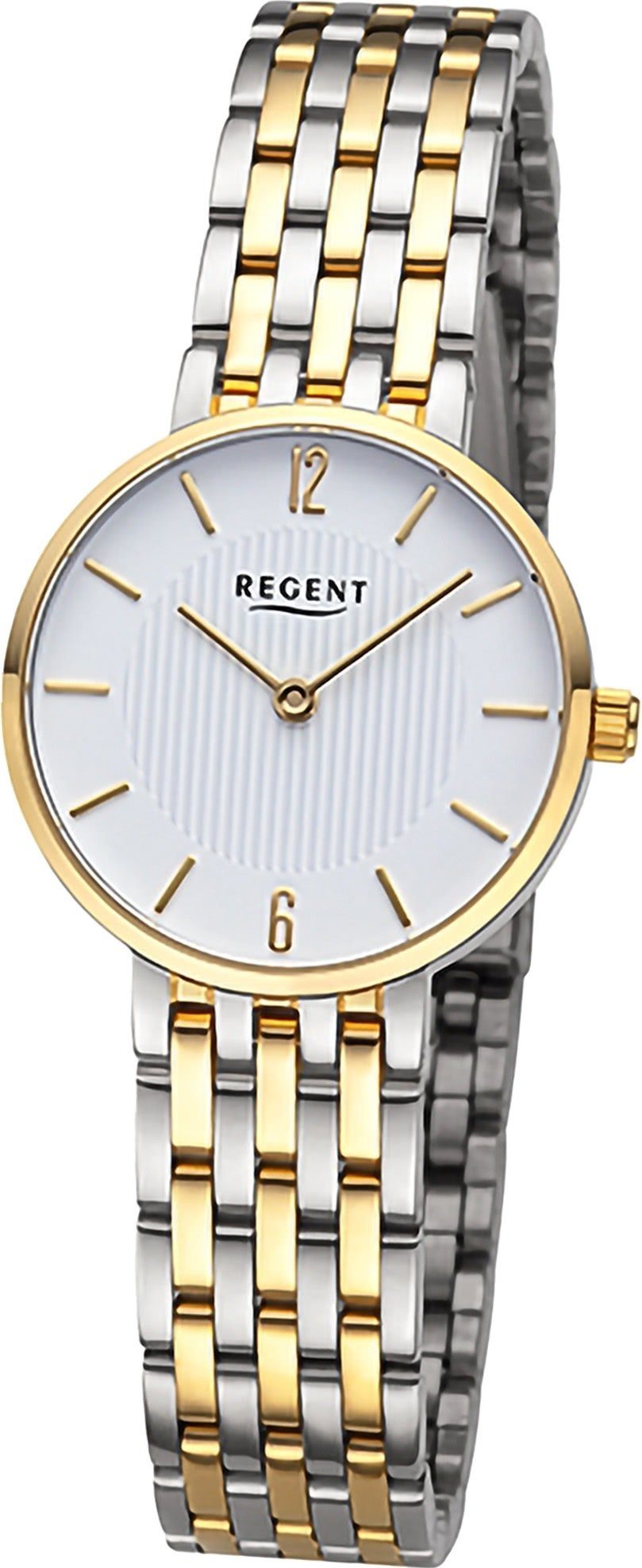 Regent Quarzuhr Regent Damen Armbanduhr Analog, Damenuhr Metallarmband silber, gold, rundes Gehäuse, groß (ca. 28mm)