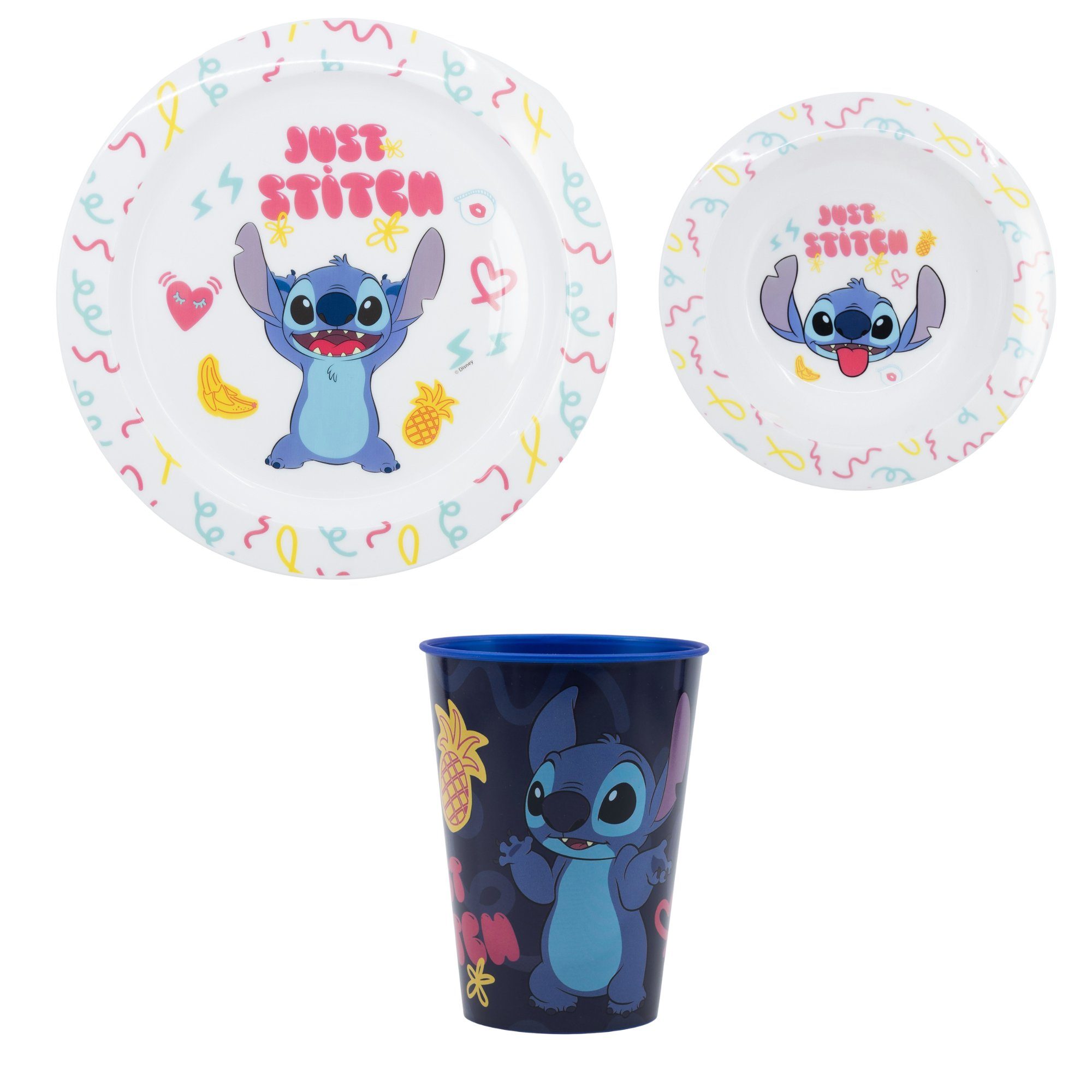 Disney Kindergeschirr-Set Disney Stitch Kinder Geschirr-Set 3 teilig (3-tlg), 1 Personen, Kuststoff, Becher Teller Schüssel Frühstücksset