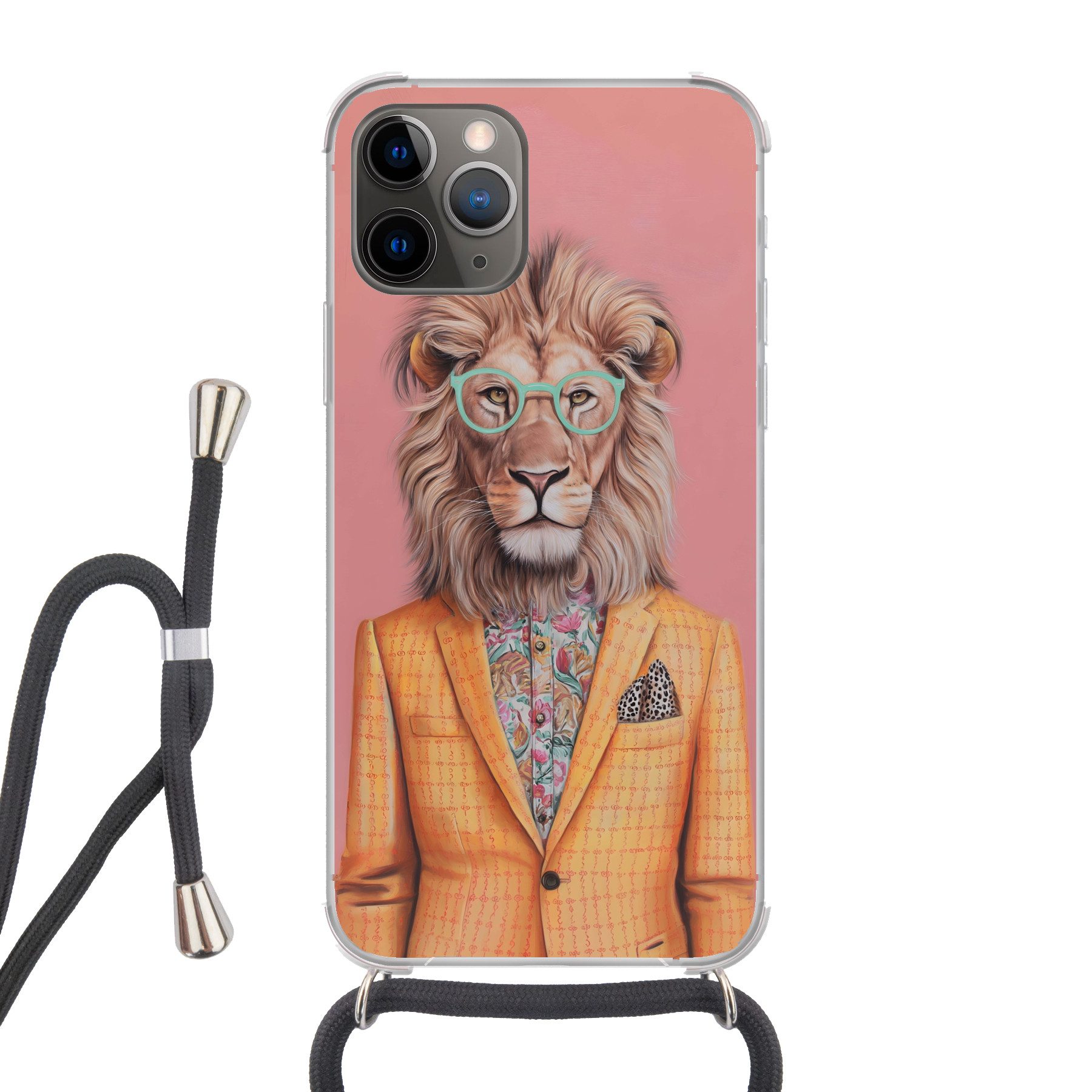 MuchoWow Handyhülle für Apple iPhone 13 Pro Löwe - Anzug - Kariert - Brille, Tragbare Handyhüllen mit Kette zum umhängen, Handykette Handyband