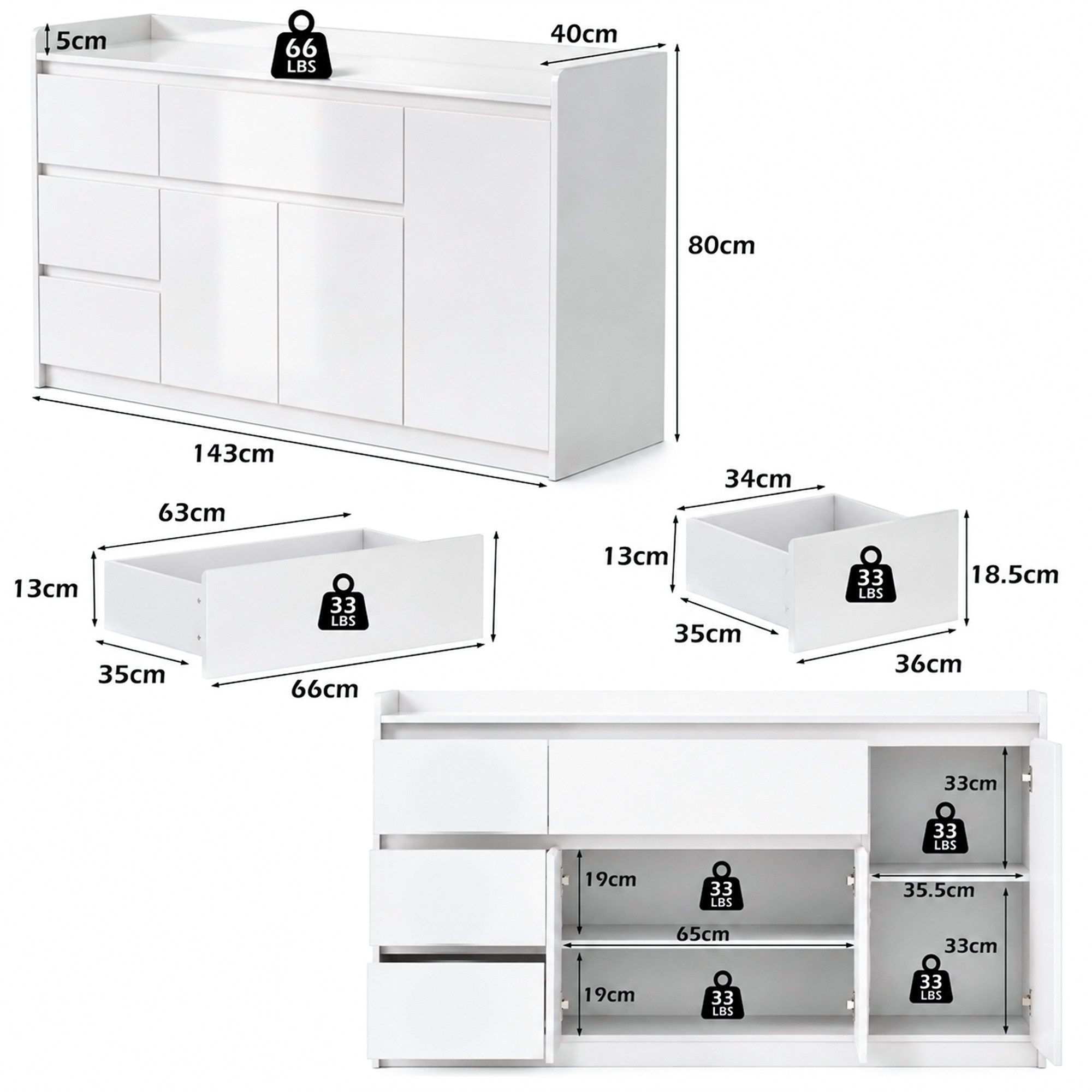 FUFU&GAGA Kommode Weiß PET Hochglanz Serie, 80-180 cm breit, Kommode Modern – Bild 3 von 5