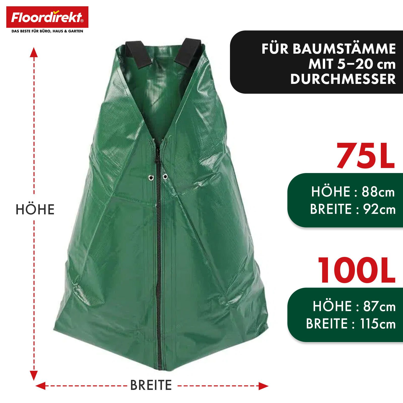 Floordirekt Bewässerungssystem, Bewässerungsbeutel für Bäume, Bewässerungssack 75L oder 100L, (1-tlg., auch für Gartenabfälle nutzbar), mit Tropfsystem & Reißverschluss, Wassersack wiederverwendbar aus PVC