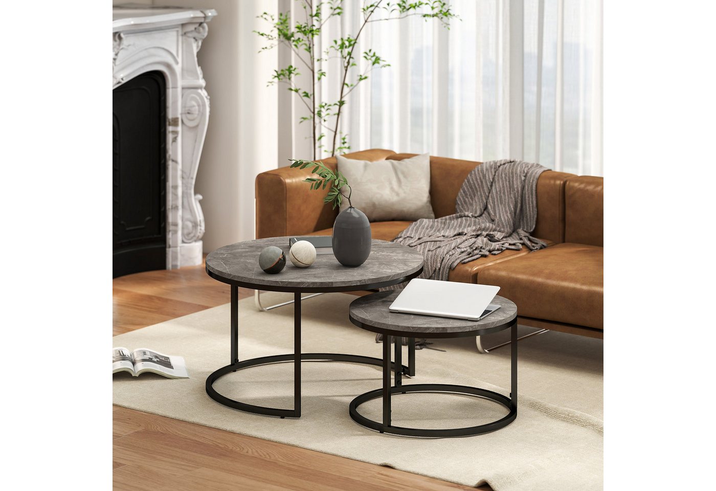 HOMCOM Couchtisch runder stapelbarer Beistelltisch, Kaffeetisch mit Zementoptik (Wohnzimmertisch, 2-St., Kaffeetisch), für Wohnzimmer, Schlafzimmer, Balkon Grau