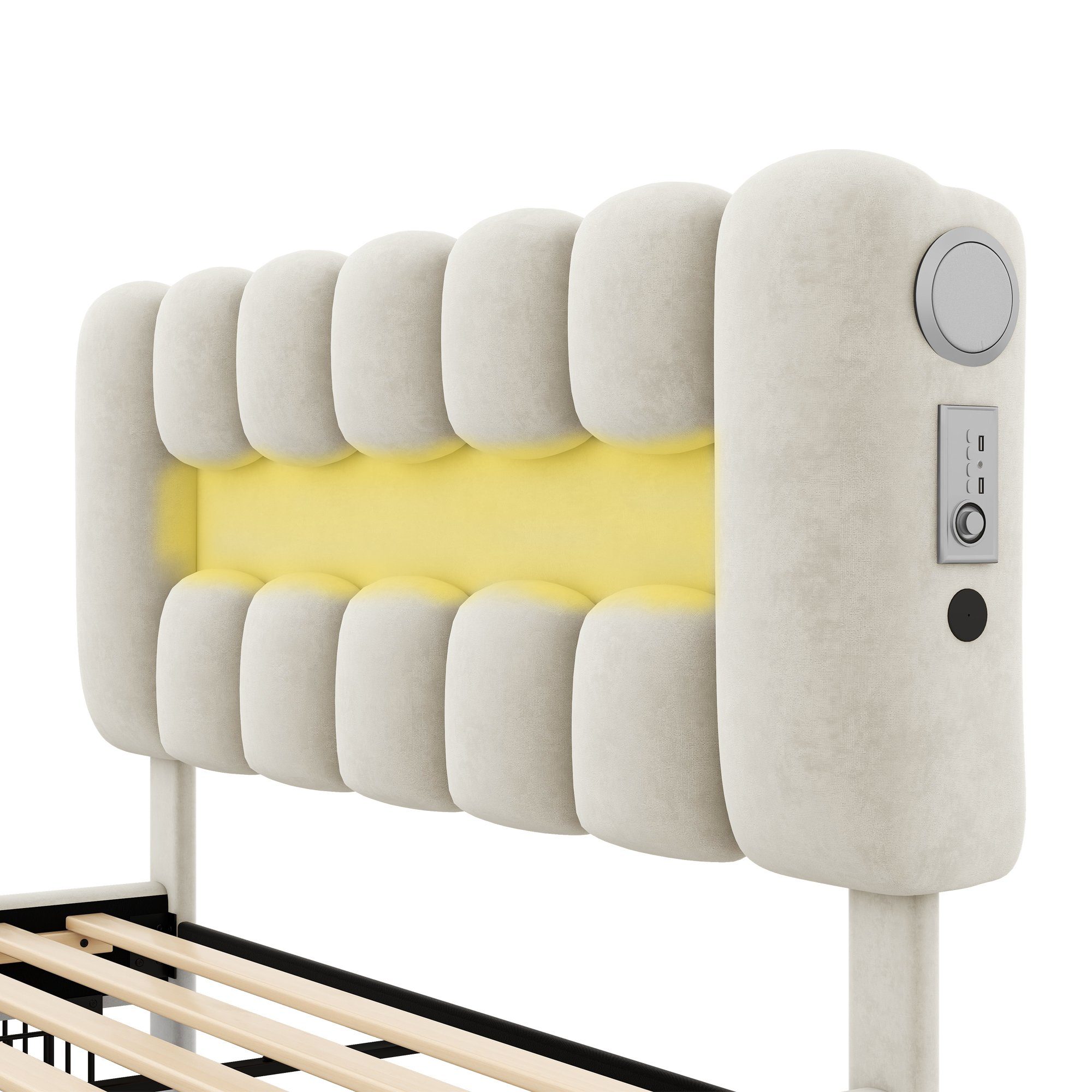 Flieks Beleuchtung Doppelbett 4 Schubladen mit 140x200cm beige LED und Polsterbett, USB-Aufladen