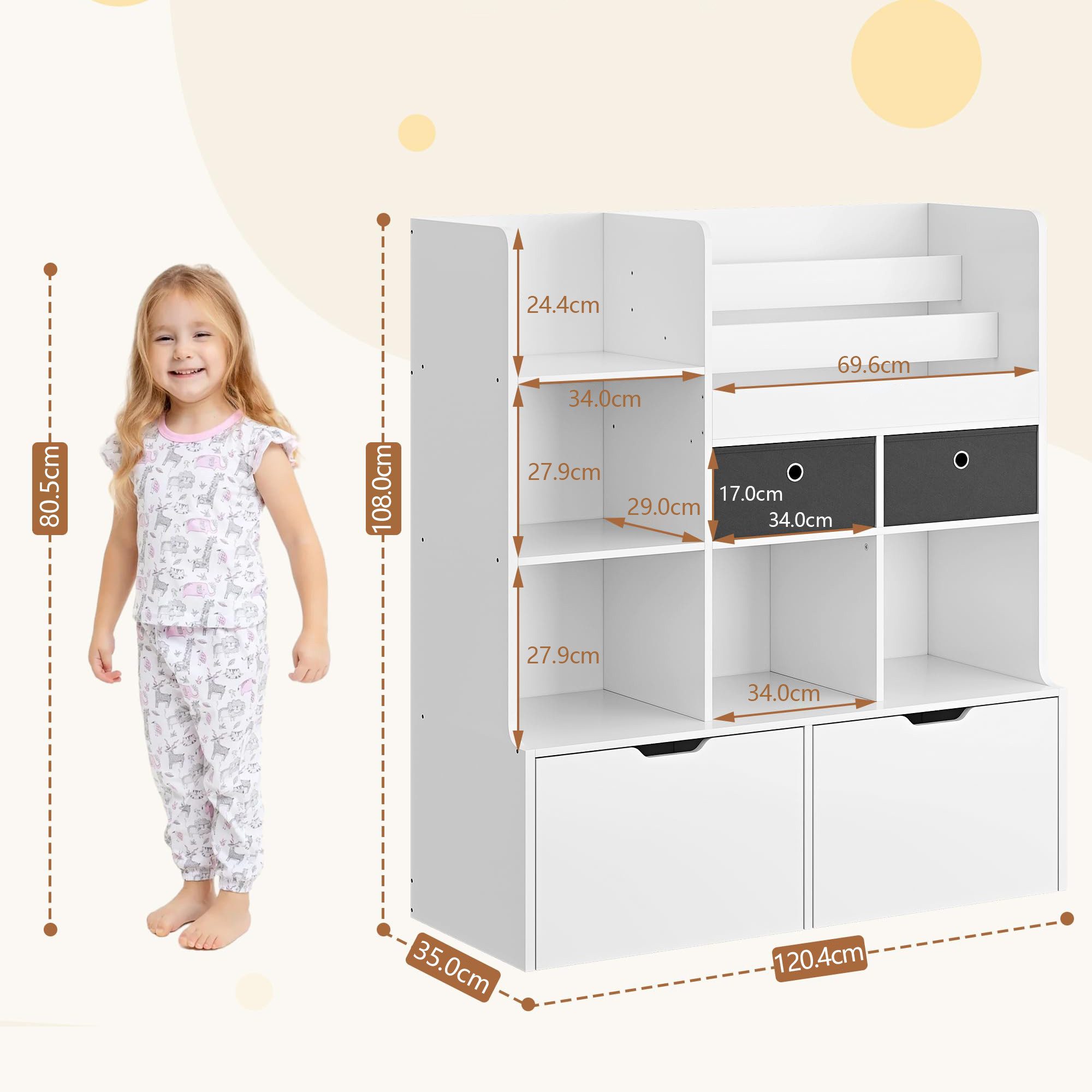 GarveeMore Bücherregal Kinderregal Kinderbücherregal Stauraumregal aus Holz mit 4 Schubladen, Mehrzweckregal Standregal Regal 120 x 35 x 108 cm weiß