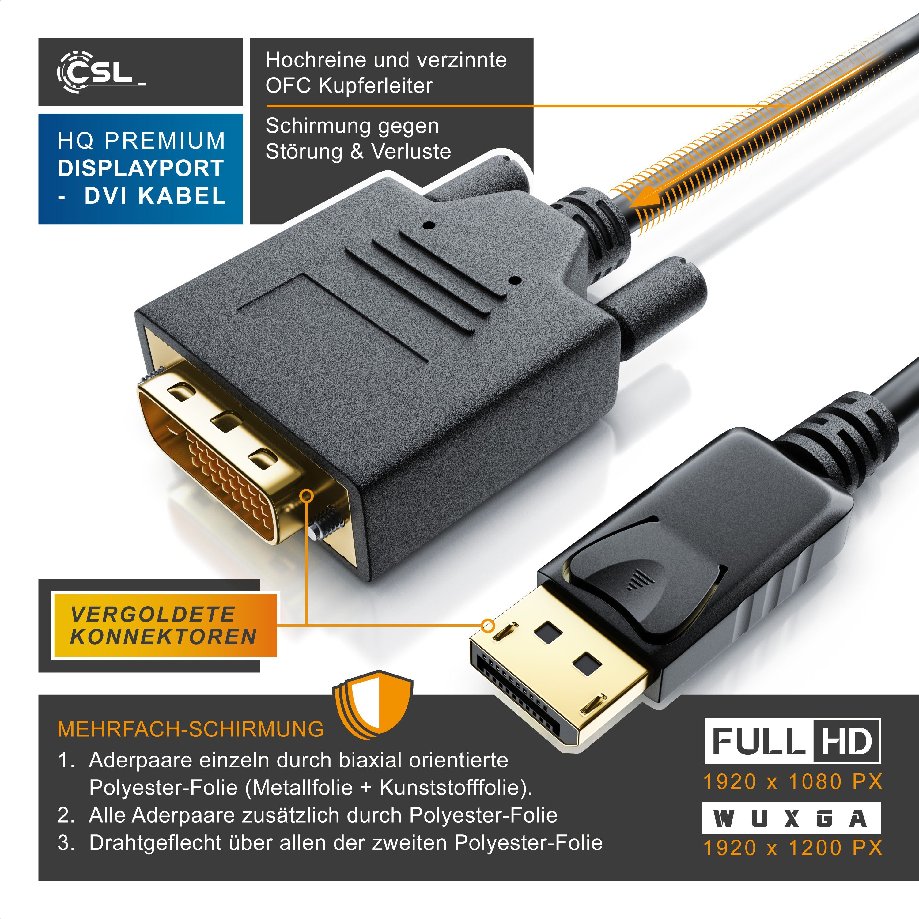 CSL Video-Kabel, 20 Pins, DisplayPort, DVI-D (100 cm), Monitorkabel, HDCP und EDID Zertifiziert, Full HD Ausflösung - 1m