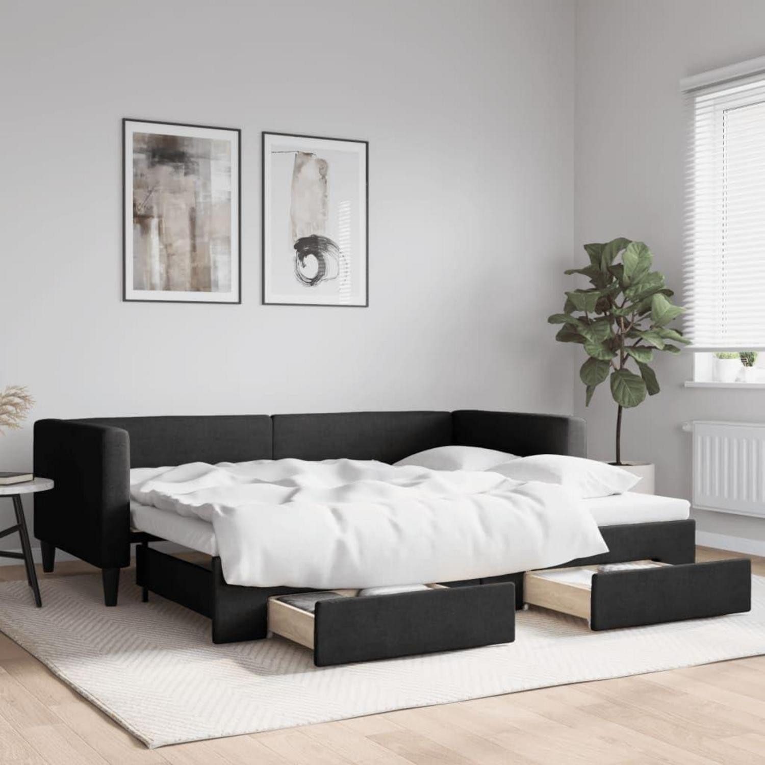 LuxusKollektion Schlafsofa Schlafsofa 2 Sitzer 90 x 200 mit Bettkasten & Schublade Schwarz