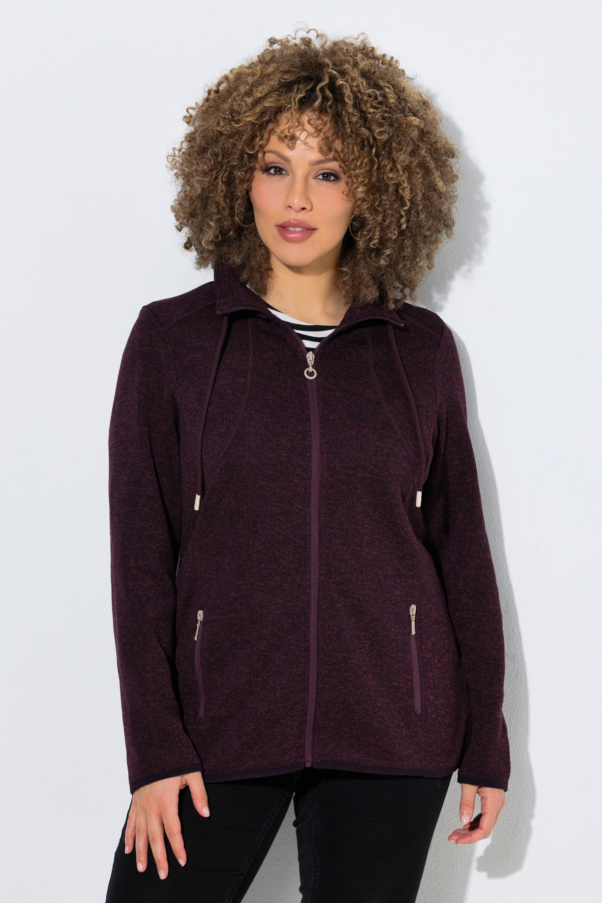 Ulla Popken Sweatjacke Strickfleece-Jacke Stehkragen Zipptaschen