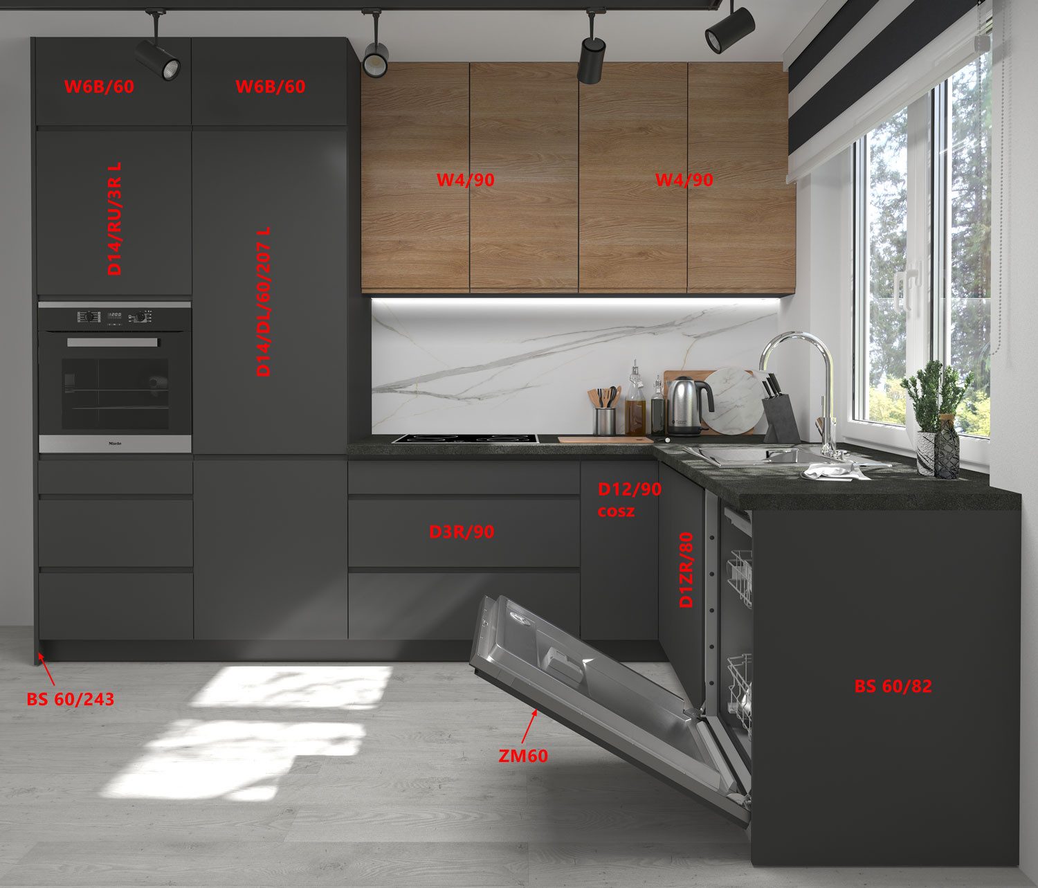 Feldmann-Wohnen Winkelküche Avellino, (Schubladen mit Vollauszug und Selbsteinzug (REJS Comfort Box), 302x232cm lava / graphit matt - Pembroke, 10-teilig, L-Form, Grifflos