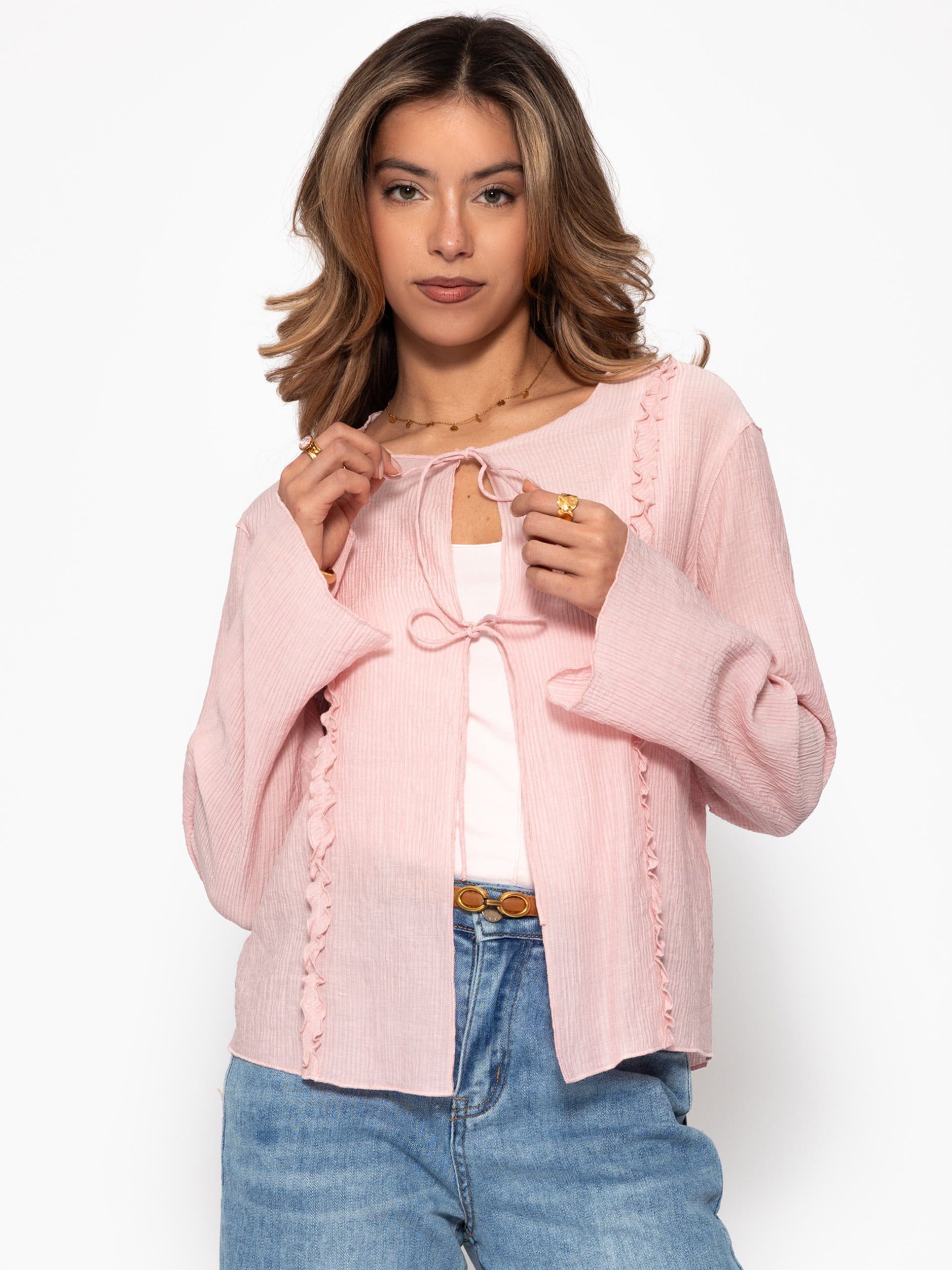 SASSYCLASSY Langarmbluse Feminine Bluse Damen mit Rüschen und Schleifen Luftige Damenbluse langarm aus Baumwolle zum Binden Beige Rosa Schwarz