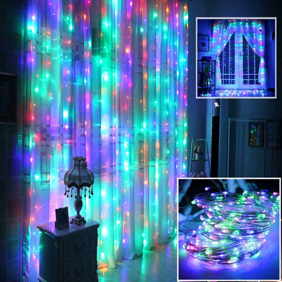 beliebt günstig Rosnek LED-Lichtervorhang 3 X für Weihnachten mit 8 Wand Fenster Party, Fernbedienung; Modi/Musik Deko Aufhängehaken; Multicolor, 3M, aktiviert, Schlafzimmer