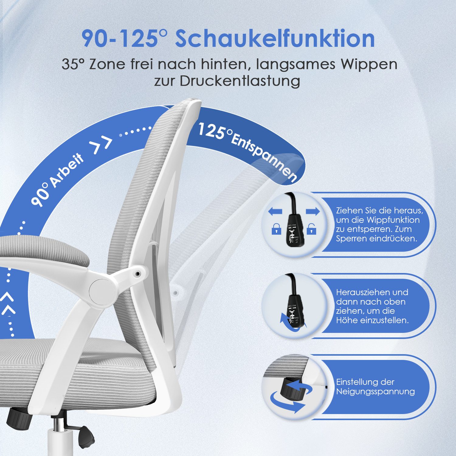 Adormii Bürostuhl Bürostuhl mit klappbaren Armlehnen,Ergonomischer Bürostuhl (Drehstuhl 360° mit Höhenverstellbarer Lendenwirbelstütze,Verstellbarer gepolsterten Armlehnen,Wippfunktion bis 125°,geräuscharmen Rollen,Höhenverstellbar), Atmungsaktiver Netzbezug, Hochwertiger Schaumstoff,Bis 150 kg