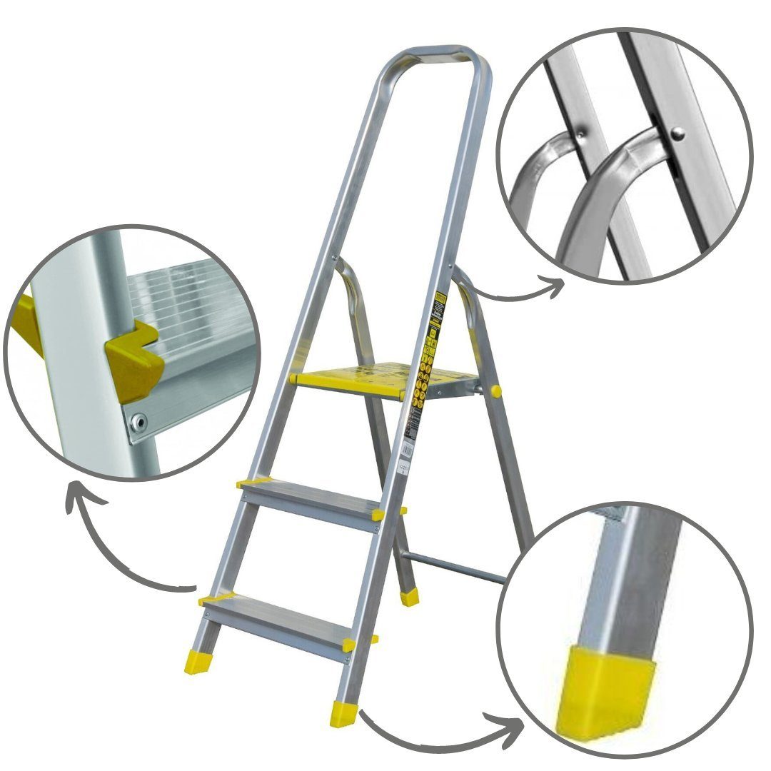 nm_trade Stehleiter Stehleiter Haushaltsleiter mit 3 Stufen Profi Leiter aus Aluminium, belastbar bis 120 kg, aus Aluminium, leicht, stabil, robust